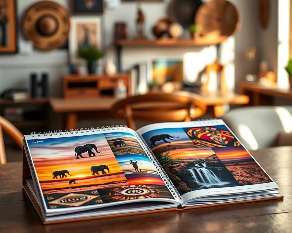 A beautifully designed individual photo calendar featuring stunning motifs from Africa. In the foreground, a table displays the opened calendar with vibrant, high-quality images capturing diverse African landscapes such as deserts, savannas, and waterfalls. Each page features colorful photographs—elephants grazing, sunsets over savannahs, and traditional tribal patterns. The middle ground showcases a warm, inviting workspace with natural light streaming in, illuminating the calendar's glossy pages. The background features hints of African artifacts, such as sculptures and woven baskets, enhancing the theme. The overall mood is cozy and inspiring, evoking a sense of adventure and appreciation for Africa's beauty, with a soft focus to create an intimate atmosphere. A beautifully designed individual photo calendar featuring stunning motifs from Africa. In the foreground, a table displays the opened calendar with vibrant, high-quality images capturing diverse African landscapes such as deserts, savannas, and waterfalls. Each page features colorful photographs—elephants grazing, sunsets over savannahs, and traditional tribal patterns. The middle ground showcases a warm, inviting workspace with natural light streaming in, illuminating the calendar's glossy pages. The background features hints of African artifacts, such as sculptures and woven baskets, enhancing the theme. The overall mood is cozy and inspiring, evoking a sense of adventure and appreciation for Africa's beauty, with a soft focus to create an intimate atmosphere.