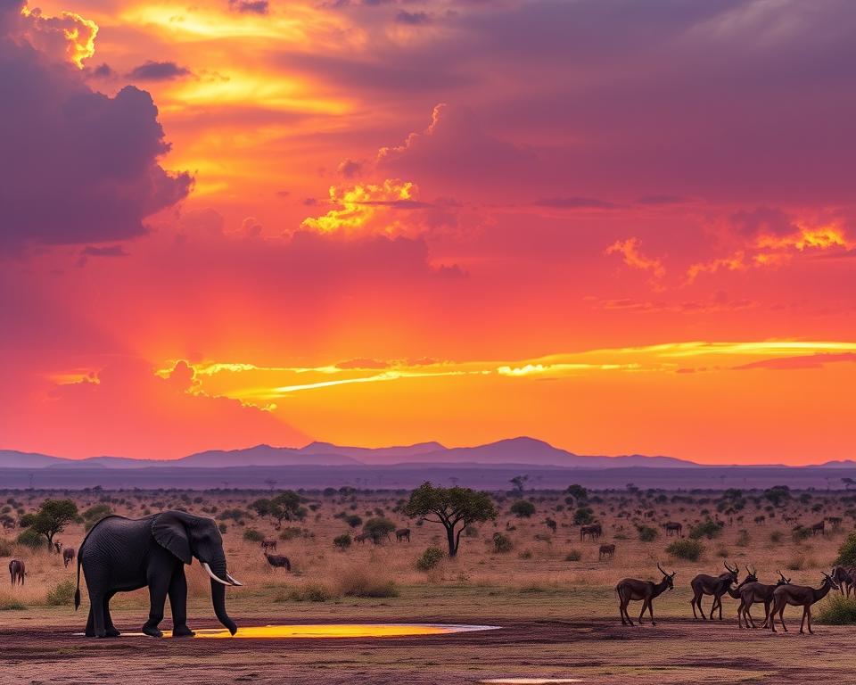 A breathtaking African landscape featuring a vibrant sunset sky with deep oranges and purples. In the foreground, a group of majestic elephants stands gracefully by a watering hole, their silhouettes beautifully defined against the light. The middle ground showcases a picturesque savanna dotted with acacia trees, while a herd of gazelles grazes peacefully. In the background, the distant outline of a mountain range adds depth and grandeur to the scene. Soft, warm lighting bathes the entire image, enhancing the tranquil atmosphere of the African wilderness. This composition evokes a sense of adventure and the beauty of wildlife, ideal for illustrating a calendar filled with holiday memories from Africa. A breathtaking African landscape featuring a vibrant sunset sky with deep oranges and purples. In the foreground, a group of majestic elephants stands gracefully by a watering hole, their silhouettes beautifully defined against the light. The middle ground showcases a picturesque savanna dotted with acacia trees, while a herd of gazelles grazes peacefully. In the background, the distant outline of a mountain range adds depth and grandeur to the scene. Soft, warm lighting bathes the entire image, enhancing the tranquil atmosphere of the African wilderness. This composition evokes a sense of adventure and the beauty of wildlife, ideal for illustrating a calendar filled with holiday memories from Africa.