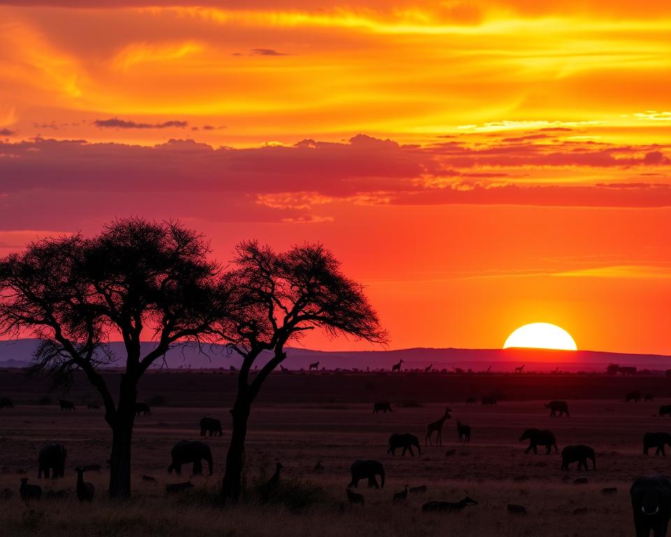 A breathtaking African sunset over an expansive savannah, the sky painted in vibrant hues of orange, pink, and purple as the sun dips below the horizon. In the foreground, silhouettes of acacia trees create a striking contrast against the colorful sky. The middle ground features gentle rolling hills dotted with wildlife, such as elephants and giraffes, peacefully grazing as they enjoy the warm evening light. In the background, distant mountains fade into shadow, enhancing the depth of the scene. The golden hour casts a soft, warm glow across the landscape, evoking a sense of tranquility and wonder. The image captures the essence of African sunsets, perfect for a travel calendar, showcasing nature's beauty in a serene and inviting atmosphere. A breathtaking African sunset over an expansive savannah, the sky painted in vibrant hues of orange, pink, and purple as the sun dips below the horizon. In the foreground, silhouettes of acacia trees create a striking contrast against the colorful sky. The middle ground features gentle rolling hills dotted with wildlife, such as elephants and giraffes, peacefully grazing as they enjoy the warm evening light. In the background, distant mountains fade into shadow, enhancing the depth of the scene. The golden hour casts a soft, warm glow across the landscape, evoking a sense of tranquility and wonder. The image captures the essence of African sunsets, perfect for a travel calendar, showcasing nature's beauty in a serene and inviting atmosphere.