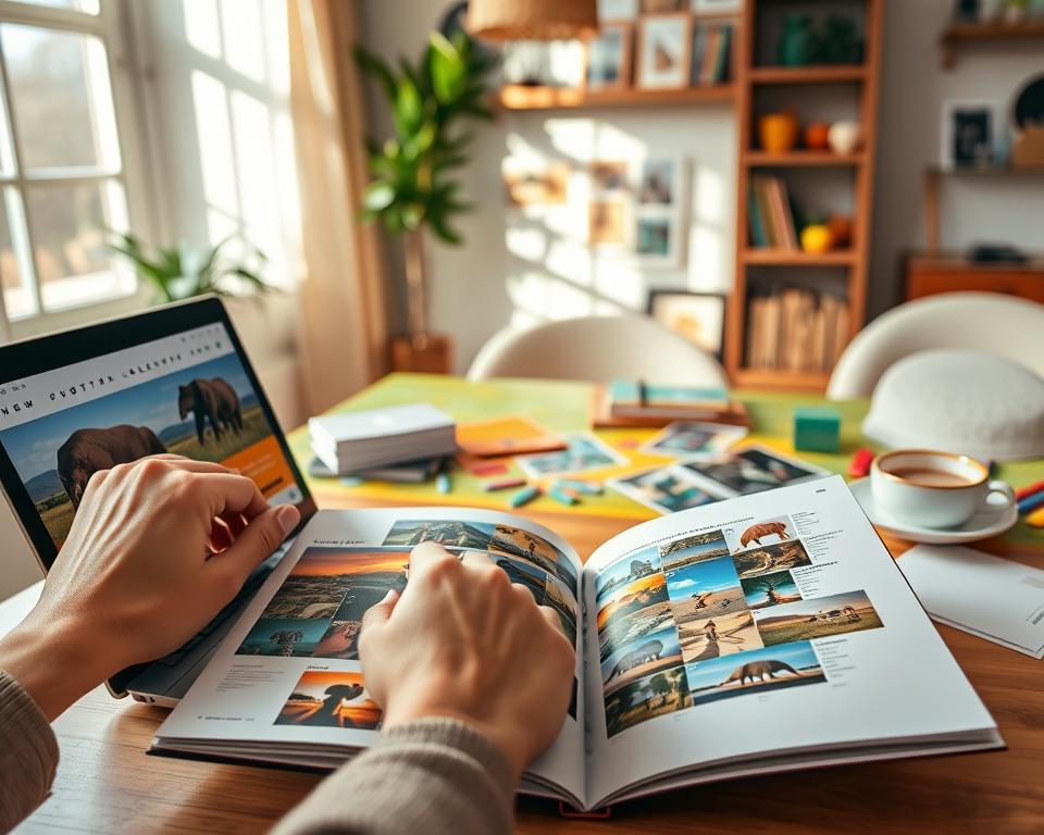 A cozy and inviting workspace featuring a photobook-style calendar open, showcasing vibrant African holiday photos such as stunning landscapes, wildlife, and cultural scenes. In the foreground, a hand adjusts the calendar’s layout on a laptop screen, illustrating the customization process. The middle area includes a colorful desk adorned with stationery, printed photos, and a cup of coffee, enhancing the creative atmosphere. In the background, soft natural light streams through a window, illuminating the space and casting gentle shadows. The mood is warm and inspirational, encouraging creativity and personal expression while designing a unique fotokalender. The angle captures the inviting workspace from a slightly elevated perspective, emphasizing both the calendar and the personalized details around it. The overall effect should evoke a sense of personal connection and creativity in crafting a memorable calendar. A cozy and inviting workspace featuring a photobook-style calendar open, showcasing vibrant African holiday photos such as stunning landscapes, wildlife, and cultural scenes. In the foreground, a hand adjusts the calendar’s layout on a laptop screen, illustrating the customization process. The middle area includes a colorful desk adorned with stationery, printed photos, and a cup of coffee, enhancing the creative atmosphere. In the background, soft natural light streams through a window, illuminating the space and casting gentle shadows. The mood is warm and inspirational, encouraging creativity and personal expression while designing a unique fotokalender. The angle captures the inviting workspace from a slightly elevated perspective, emphasizing both the calendar and the personalized details around it. The overall effect should evoke a sense of personal connection and creativity in crafting a memorable calendar.