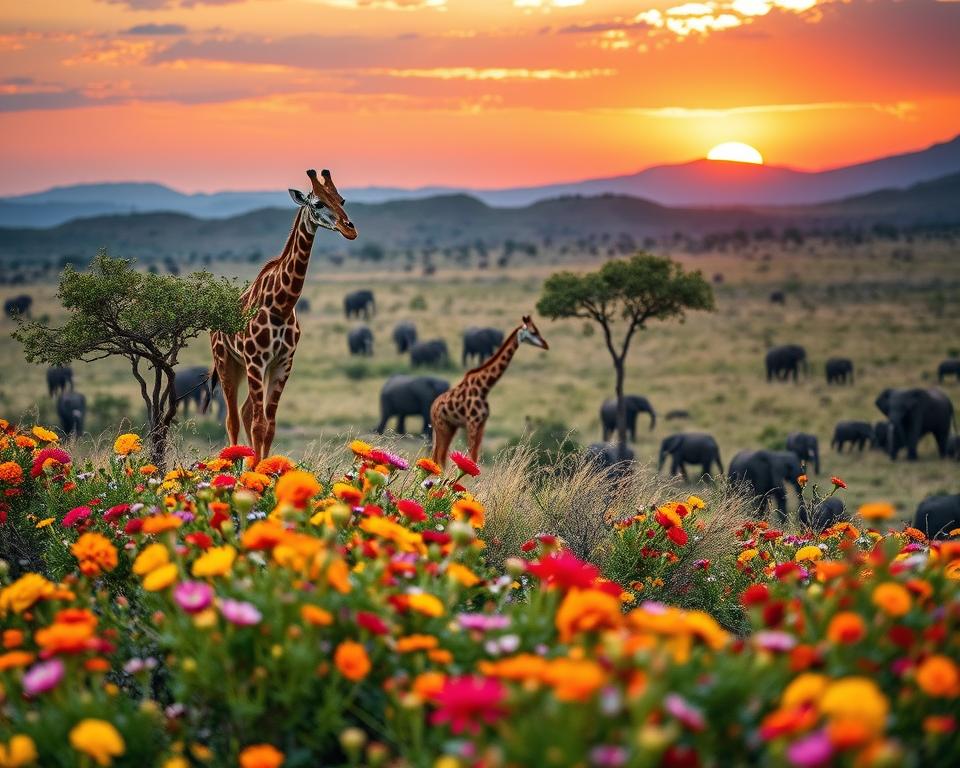 A vibrant African landscape depicting the essence of travel photography for a calendar. In the foreground, a stunning array of colorful wildflowers, with a family of giraffes gracefully munching on the leaves of a nearby acacia tree. The middle ground features rolling savannah hills, dotted with a herd of elephants in the distance, creating a lively and dynamic scene. The background showcases a breathtaking sunset, casting warm orange and purple hues across the sky and illuminating the landscape, enhancing the tranquil atmosphere. The image is captured from a slightly elevated angle, using soft focus for the flowers while ensuring the animals are sharp and in vivid detail. The overall mood is cheerful and adventurous, celebrating the beauty of African nature and wildlife. A vibrant African landscape depicting the essence of travel photography for a calendar. In the foreground, a stunning array of colorful wildflowers, with a family of giraffes gracefully munching on the leaves of a nearby acacia tree. The middle ground features rolling savannah hills, dotted with a herd of elephants in the distance, creating a lively and dynamic scene. The background showcases a breathtaking sunset, casting warm orange and purple hues across the sky and illuminating the landscape, enhancing the tranquil atmosphere. The image is captured from a slightly elevated angle, using soft focus for the flowers while ensuring the animals are sharp and in vivid detail. The overall mood is cheerful and adventurous, celebrating the beauty of African nature and wildlife.