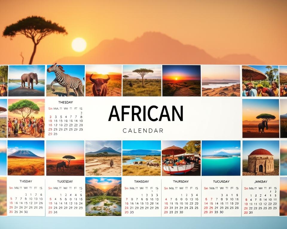 A vibrant African photo calendar design featuring twelve stunning, diverse landscapes representing each month. In the foreground, a beautifully arranged collage of holiday photos including wildlife, sunset savannahs, bustling markets, and serene coastlines, all filled with rich colors and textures. The middle layer showcases a clean, minimalist layout with placeholders for each month, allowing the photos to shine. In the background, soft focus of iconic African landmarks like Table Mountain and the Serengeti, bathed in warm, golden sunlight. The overall mood is joyful and adventurous, evoking a sense of wanderlust and the beauty of African culture. The lighting is natural, enhancing the colors of the images, with a subtle depth of field effect to create a sense of immersion in the scenes. A vibrant African photo calendar design featuring twelve stunning, diverse landscapes representing each month. In the foreground, a beautifully arranged collage of holiday photos including wildlife, sunset savannahs, bustling markets, and serene coastlines, all filled with rich colors and textures. The middle layer showcases a clean, minimalist layout with placeholders for each month, allowing the photos to shine. In the background, soft focus of iconic African landmarks like Table Mountain and the Serengeti, bathed in warm, golden sunlight. The overall mood is joyful and adventurous, evoking a sense of wanderlust and the beauty of African culture. The lighting is natural, enhancing the colors of the images, with a subtle depth of field effect to create a sense of immersion in the scenes.