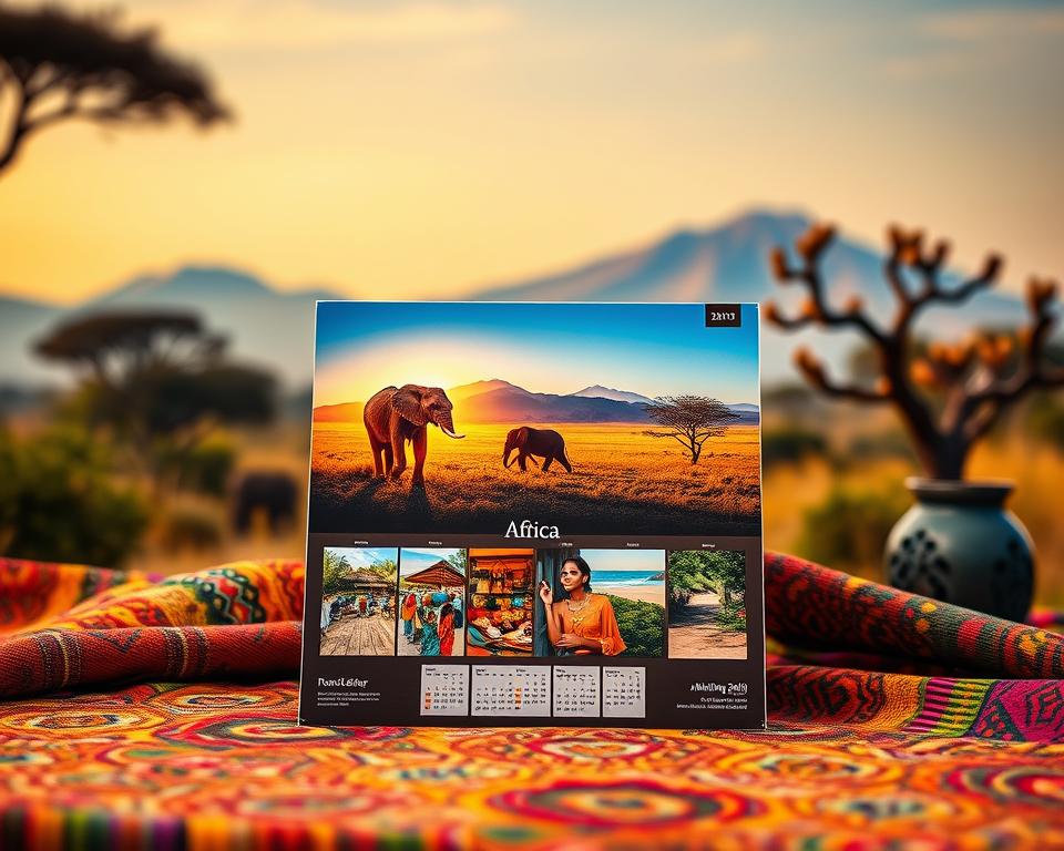 A vibrant and captivating Afrika Fotokalender scene illustrating twelve months of stunning travel photography from Africa. In the foreground, arrange a beautifully designed calendar with images showcasing diverse landscapes and wildlife: a majestic elephant under the golden savanna sunset, a colorful market in Marrakech, serene beaches in Zanzibar, and lush rainforests in Madagascar. In the middle ground, depict rich textures and colors of African textiles and traditional crafts, blending harmoniously with the images. The background features a clear blue sky over a picturesque mountain range and a silhouette of acacia trees. Use warm, natural lighting to evoke a sense of adventure and exploration, with a slight bokeh effect to draw focus on the calendar. The atmosphere should feel inspiring and inviting, perfect for creative design ideas. A vibrant and captivating Afrika Fotokalender scene illustrating twelve months of stunning travel photography from Africa. In the foreground, arrange a beautifully designed calendar with images showcasing diverse landscapes and wildlife: a majestic elephant under the golden savanna sunset, a colorful market in Marrakech, serene beaches in Zanzibar, and lush rainforests in Madagascar. In the middle ground, depict rich textures and colors of African textiles and traditional crafts, blending harmoniously with the images. The background features a clear blue sky over a picturesque mountain range and a silhouette of acacia trees. Use warm, natural lighting to evoke a sense of adventure and exploration, with a slight bokeh effect to draw focus on the calendar. The atmosphere should feel inspiring and inviting, perfect for creative design ideas.
