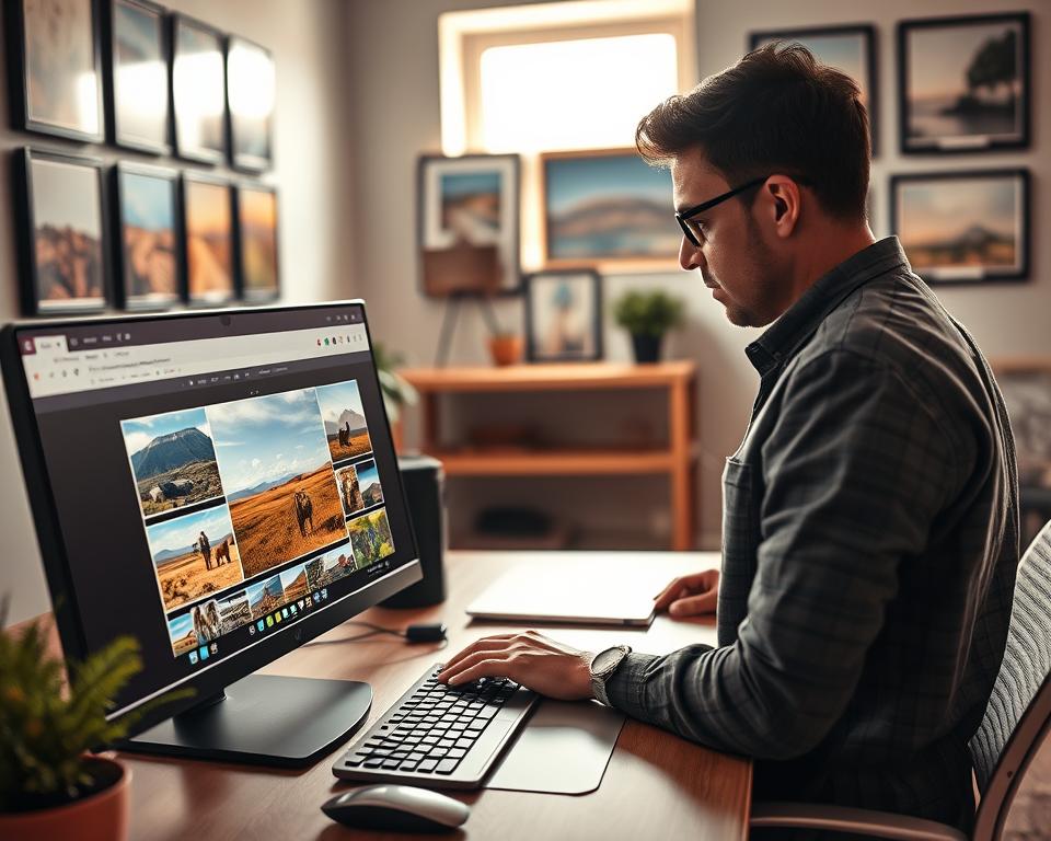 A vibrant and inviting workspace is depicted, focusing on a professional setting for photo editing. In the foreground, a well-organized desk features a high-resolution computer screen displaying African holiday photos being prepared for print. The photos include stunning landscapes, wildlife, and cultural moments, showcasing vivid colors and rich details. The middle layer highlights a skilled photo editor in modest casual clothing, deeply focused on enhancing the images using advanced software tools. The background shows an artistic wall with framed travel images and a window allowing natural light to illuminate the scene, creating a warm and inspiring atmosphere. Soft, diffused lighting enhances the colors, while a slight depth of field emphasizes the editing process at hand. A vibrant and inviting workspace is depicted, focusing on a professional setting for photo editing. In the foreground, a well-organized desk features a high-resolution computer screen displaying African holiday photos being prepared for print. The photos include stunning landscapes, wildlife, and cultural moments, showcasing vivid colors and rich details. The middle layer highlights a skilled photo editor in modest casual clothing, deeply focused on enhancing the images using advanced software tools. The background shows an artistic wall with framed travel images and a window allowing natural light to illuminate the scene, creating a warm and inspiring atmosphere. Soft, diffused lighting enhances the colors, while a slight depth of field emphasizes the editing process at hand.