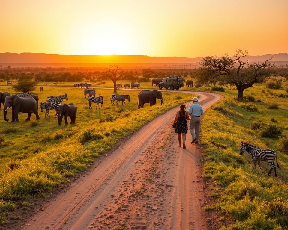 A beautiful safari route in the Moremi Park, Namibia, showcasing a well-marked dirt path winding through lush green grasslands and scattered acacia trees. In the foreground, a diverse array of wildlife, such as elephants and zebras, can be seen grazing peacefully. The middle ground features a small group of travelers in modest, casual clothing, discussing their daily itinerary with a local guide while observing the animals. The background displays a stunning sunset, casting warm golden hues across the sky, with the silhouettes of distant hills. The scene captures a sense of adventure and serenity, illuminated by soft, natural lighting, and shot from a slightly elevated angle to provide depth and perspective. A beautiful safari route in the Moremi Park, Namibia, showcasing a well-marked dirt path winding through lush green grasslands and scattered acacia trees. In the foreground, a diverse array of wildlife, such as elephants and zebras, can be seen grazing peacefully. The middle ground features a small group of travelers in modest, casual clothing, discussing their daily itinerary with a local guide while observing the animals. The background displays a stunning sunset, casting warm golden hues across the sky, with the silhouettes of distant hills. The scene captures a sense of adventure and serenity, illuminated by soft, natural lighting, and shot from a slightly elevated angle to provide depth and perspective.