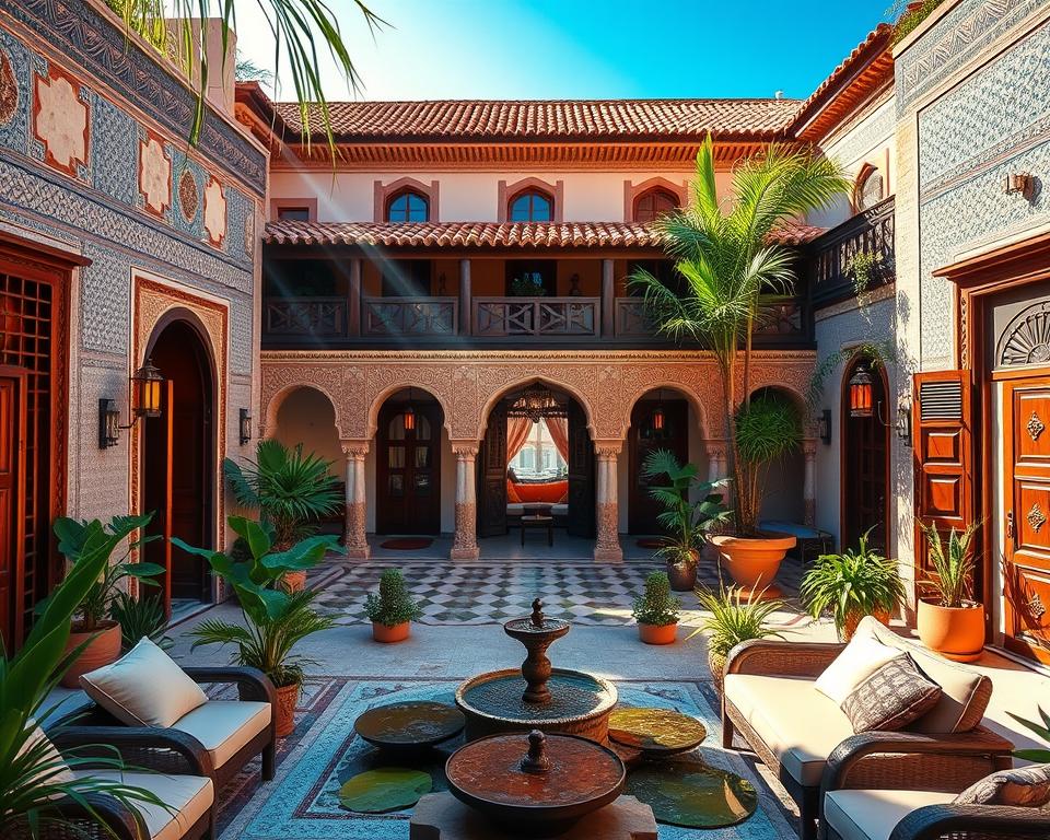 A beautiful traditional Riad in Morocco, showcasing intricate tile work, ornate wooden doors, and lush courtyards filled with vibrant plants and colorful lanterns. In the foreground, a serene courtyard with a peaceful fountain surrounded by comfortable seating adorned with plush cushions. The middle layer features the elegant Riad structure, highlighting the characteristic Moroccan architecture with arched windows and rich textures. In the background, the blue sky contrasts harmoniously with the terracotta rooftops. Soft, warm afternoon sunlight pours in, creating inviting shadows and enhancing the natural colors of the scene. The mood is calm and tranquil, evoking a sense of cultural richness and hospitality. The image captures the essence of a luxurious Moroccan getaway, perfect for experiencing the royal cities. A beautiful traditional Riad in Morocco, showcasing intricate tile work, ornate wooden doors, and lush courtyards filled with vibrant plants and colorful lanterns. In the foreground, a serene courtyard with a peaceful fountain surrounded by comfortable seating adorned with plush cushions. The middle layer features the elegant Riad structure, highlighting the characteristic Moroccan architecture with arched windows and rich textures. In the background, the blue sky contrasts harmoniously with the terracotta rooftops. Soft, warm afternoon sunlight pours in, creating inviting shadows and enhancing the natural colors of the scene. The mood is calm and tranquil, evoking a sense of cultural richness and hospitality. The image captures the essence of a luxurious Moroccan getaway, perfect for experiencing the royal cities.