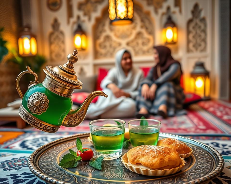 A beautifully arranged Moroccan mint tea set, featuring an ornate brass teapot pouring vibrant green tea into intricately designed glassware. In the foreground, focus on a decorative round tray adorned with colorful Moroccan pastries and fresh mint leaves. In the middle ground, a couple of modestly dressed individuals, sharing a moment of warmth and conversation, sit on traditional cushions, surrounded by intricate geometric patterns of a Moroccan living space. The background depicts a softly lit Moroccan room with lanterns casting warm, inviting glows. The atmosphere is cozy and inviting, evoking a sense of cultural richness and culinary exploration, captured with bright, natural lighting, and shot at a slight angle to emphasize the tea set and ambiance.