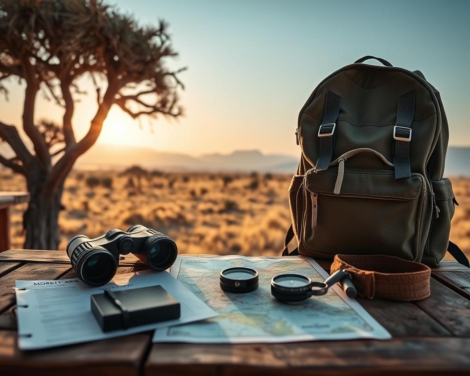 A beautifully arranged "Safari Packliste" scene on a rustic wooden table in the foreground, showcasing essential safari items. Items like binoculars, a detailed map of Moremi Park, a compass, and a sturdy backpack are prominently displayed. In the middle ground, a picturesque view of the Namibian wilderness, featuring acacia trees and dry savannah grasslands under a softly lit sunrise. The background reveals distant mountains with a hazy blue sky, enhancing the adventurous atmosphere. Soft, warm lighting highlights the textures of the items, creating a welcoming and preparatory mood. The composition should evoke excitement and readiness for exploration, framed from a slightly elevated angle to capture both the packlist items and the stunning landscape surrounding them. A beautifully arranged "Safari Packliste" scene on a rustic wooden table in the foreground, showcasing essential safari items. Items like binoculars, a detailed map of Moremi Park, a compass, and a sturdy backpack are prominently displayed. In the middle ground, a picturesque view of the Namibian wilderness, featuring acacia trees and dry savannah grasslands under a softly lit sunrise. The background reveals distant mountains with a hazy blue sky, enhancing the adventurous atmosphere. Soft, warm lighting highlights the textures of the items, creating a welcoming and preparatory mood. The composition should evoke excitement and readiness for exploration, framed from a slightly elevated angle to capture both the packlist items and the stunning landscape surrounding them.