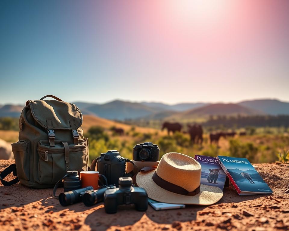 A beautifully arranged display of essential gear for exploring Pilanesberg National Park, featuring a sturdy backpack, binoculars, a camera, a safari hat, and field guides, all situated on a ground of earthy tones representing the park's landscape. In the background, subtly blurred, are the park's iconic rolling hills, dotted with lush greenery and the distant silhouette of wildlife grazing peacefully under a bright blue sky illuminated by warm sunlight. The composition captures a sense of adventure and readiness, inviting viewers to explore the wonders of nature. Use a shallow depth of field to highlight the gear in the foreground while the landscape remains slightly out of focus. Aim for a vibrant yet serene atmosphere, conveying both excitement and tranquility in this picturesque setting. A beautifully arranged display of essential gear for exploring Pilanesberg National Park, featuring a sturdy backpack, binoculars, a camera, a safari hat, and field guides, all situated on a ground of earthy tones representing the park's landscape. In the background, subtly blurred, are the park's iconic rolling hills, dotted with lush greenery and the distant silhouette of wildlife grazing peacefully under a bright blue sky illuminated by warm sunlight. The composition captures a sense of adventure and readiness, inviting viewers to explore the wonders of nature. Use a shallow depth of field to highlight the gear in the foreground while the landscape remains slightly out of focus. Aim for a vibrant yet serene atmosphere, conveying both excitement and tranquility in this picturesque setting.
