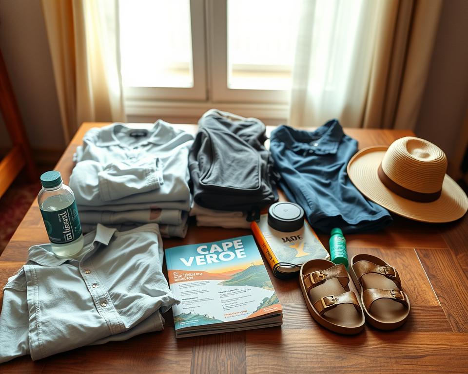 A beautifully arranged packing list for a trip to the Cape Verde Islands, displayed on a wooden table. In the foreground, neatly folded clothing items such as lightweight shirts, shorts, a sun hat, and breathable sandals are artistically spread out. To the side, equipment like a water bottle, sunscreen, and a compact travel backpack are included. The middle ground shows a vibrant travel guide about Cape Verde, its climate, and best travel tips. In the background, a soft, warm light filters through a window, casting gentle shadows, evoking a cozy and inviting atmosphere. The setting is designed to suggest preparation for an adventure, emphasizing the need for suitable clothing and gear for the changing climate of the islands.