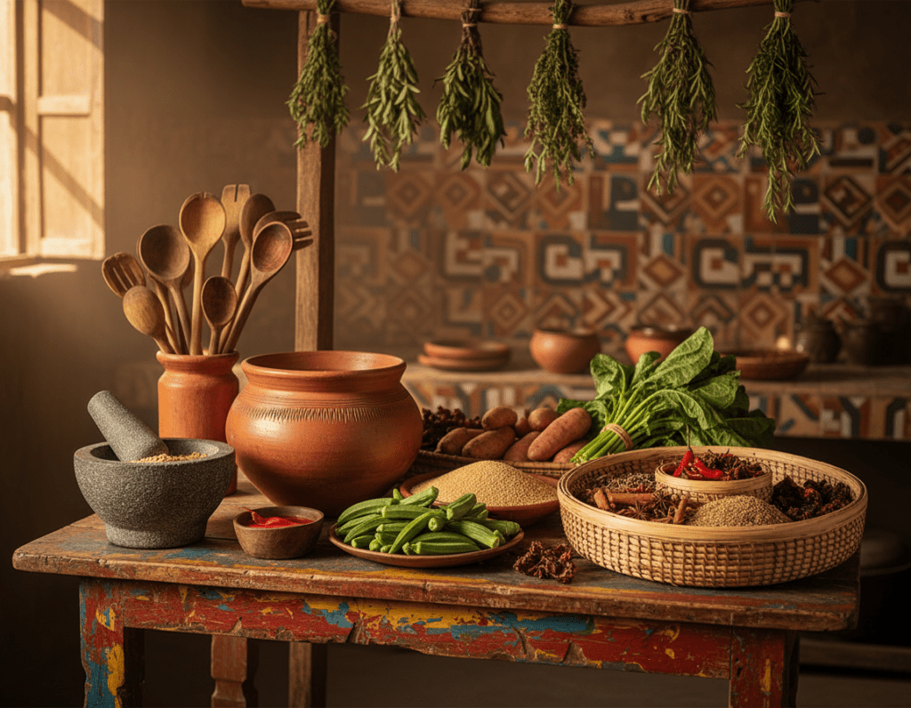 A beautifully arranged set of traditional African kitchen equipment, focusing on a vibrant wooden table. In the foreground, showcase an assortment of authentic cooking tools, such as a large clay pot, wooden spoons, a woven basket filled with spices, and a mortar and pestle made from stone. In the middle, include various colorful ingredients like fresh vegetables, grains, and herbs, all reflecting the diversity of African cuisine. In the background, feature a rustic kitchen environment with hand-painted tiles and hanging dried herbs, softly illuminated by warm, natural lighting. The overall mood is inviting and culturally rich, emphasizing the authenticity of preparing African recipes. Use a shallow depth of field to keep the focus on the kitchen equipment while gently blurring the background. A beautifully arranged set of traditional African kitchen equipment, focusing on a vibrant wooden table. In the foreground, showcase an assortment of authentic cooking tools, such as a large clay pot, wooden spoons, a woven basket filled with spices, and a mortar and pestle made from stone. In the middle, include various colorful ingredients like fresh vegetables, grains, and herbs, all reflecting the diversity of African cuisine. In the background, feature a rustic kitchen environment with hand-painted tiles and hanging dried herbs, softly illuminated by warm, natural lighting. The overall mood is inviting and culturally rich, emphasizing the authenticity of preparing African recipes. Use a shallow depth of field to keep the focus on the kitchen equipment while gently blurring the background.