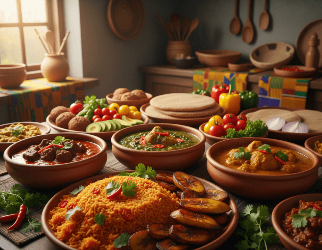 A beautifully arranged table showcasing a vibrant African menu composition. In the foreground, display an array of colorful dishes such as jollof rice, grilled plantains, and an assortment of stews, garnished with fresh herbs and spices. In the middle, place wooden serving platters filled with traditional breads and a variety of fresh vegetables. The background should softly blur a warm, inviting kitchen atmosphere, with hints of African textiles and utensils visible. Utilize warm, natural lighting to create a cozy and welcoming mood. Capture the scene from a slightly elevated angle with a shallow depth of field, emphasizing the rich textures and colors of the food while ensuring clarity. The overall ambiance should feel celebratory and festive, inviting the viewer to explore African culinary culture. A beautifully arranged table showcasing a vibrant African menu composition. In the foreground, display an array of colorful dishes such as jollof rice, grilled plantains, and an assortment of stews, garnished with fresh herbs and spices. In the middle, place wooden serving platters filled with traditional breads and a variety of fresh vegetables. The background should softly blur a warm, inviting kitchen atmosphere, with hints of African textiles and utensils visible. Utilize warm, natural lighting to create a cozy and welcoming mood. Capture the scene from a slightly elevated angle with a shallow depth of field, emphasizing the rich textures and colors of the food while ensuring clarity. The overall ambiance should feel celebratory and festive, inviting the viewer to explore African culinary culture.