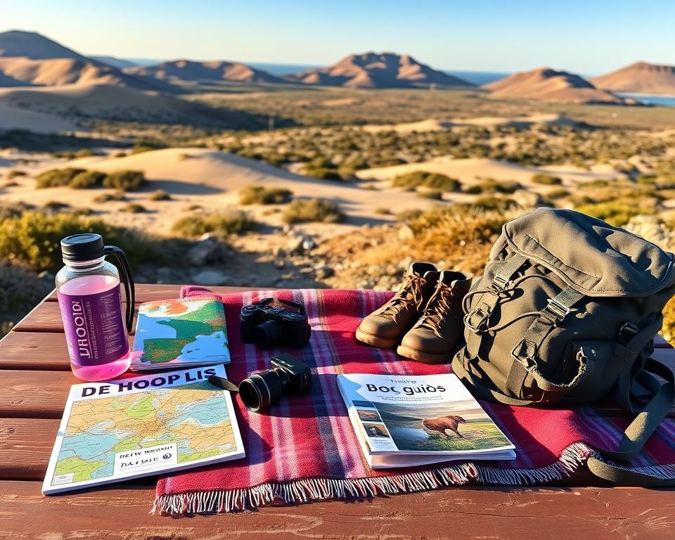 A beautifully organized packing list for a trip to De Hoop Nature Reserve, displayed on a wooden picnic table in a serene outdoor setting. In the foreground, neatly arranged items include a colorful map, a reusable water bottle, binoculars, a camera, sunblock, and a field guide to local wildlife. The middle ground features a soft, vibrant blanket where hiking boots and a backpack rest, evoking a sense of adventure. In the background, the stunning landscape of De Hoop unfolds, with rolling sand dunes, coastal fynbos, and a typical clear blue sky. The scene is bathed in warm, golden sunlight, conveying an inviting and tranquil atmosphere. Aim for a slightly elevated angle to showcase the details of the packed items alongside the breathtaking reserve behind them.