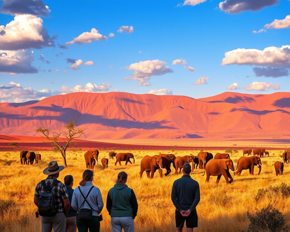A breathtaking African landscape at sunset in Namibia, showcasing a vibrant safari scene. In the foreground, a small group of diverse travelers, dressed in modest, casual safari attire, observes a herd of elephants gracefully traversing the savannah. The middle ground features acacia trees and patches of golden grass, illuminated by the warm hues of the setting sun. The background reveals stunning red dunes of Sossusvlei, contrasting against a vivid blue sky. Light filters through scattered clouds, casting dramatic shadows and creating a serene yet adventurous atmosphere. Capture the mood of exploration, discovery, and respect for nature's beauty, emphasizing the essence of a safari experience in Namibia.