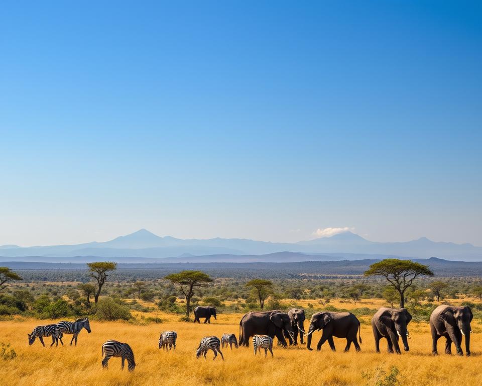 A breathtaking East African safari scene unfolds, showcasing a stunning landscape dotted with acacia trees under a vast blue sky. In the foreground, a group of majestic elephants gracefully wanders across golden savannah grass, their skin glistening in the warm sunlight. To the left, a family of zebras grazes peacefully, their striking black and white stripes contrasting with the vibrant greenery. The middle ground features a picturesque view of distant rolling hills, lush and verdant, suggesting the rugged beauty of East Africa’s mountainous regions. In the background, a soft haze envelops the peaks of Mount Kilimanjaro, creating a mystical atmosphere. The warm sunlight casts a golden hue over the entire scene, enhancing the adventurous spirit of a safari. This image captures the essence of exploration and natural beauty.