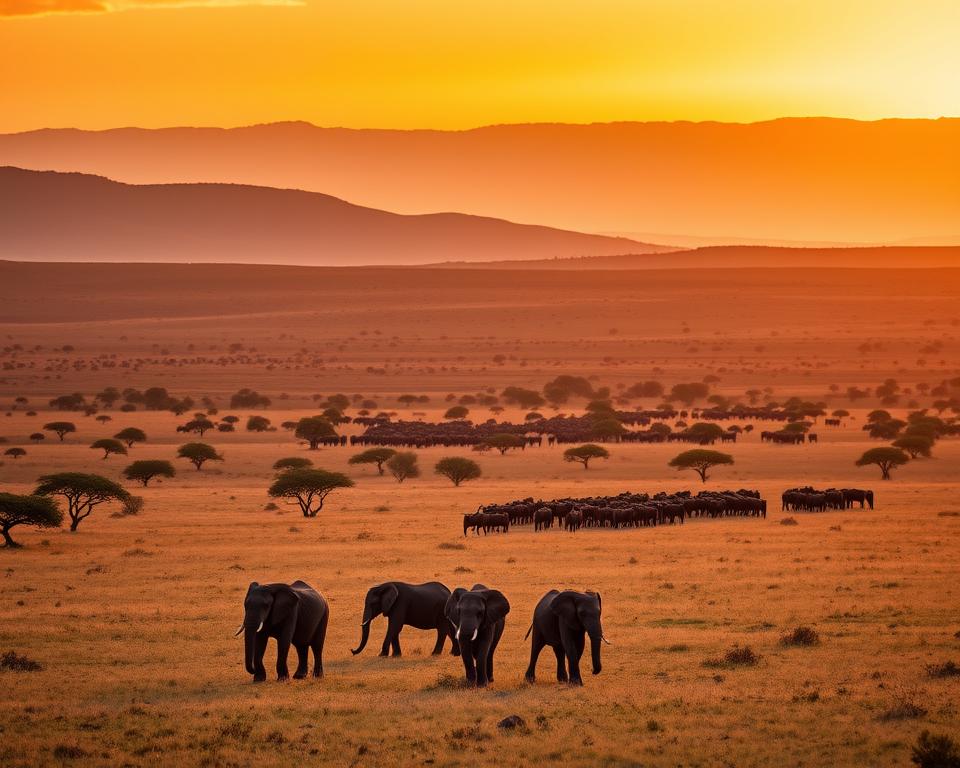 A breathtaking Masai Mara landscape at golden hour, showcasing a vast expanse of savannah dotted with acacia trees. In the foreground, a herd of majestic elephants grazes peacefully, their silhouettes illuminated by the warm glow of the setting sun. The middle-ground features a group of wildebeest migrating across the plains, adding a sense of movement and life. In the background, the iconic rolling hills of the Masai Mara rise gently against a colorful sky, transitioning from orange to deep blue. The atmosphere is serene and enchanting, evoking the spirit of an African safari adventure. Capture this scene with a wide-angle lens to emphasize the vastness, ensuring natural lighting enhances the rich colors of the landscape while maintaining a focus on wildlife.