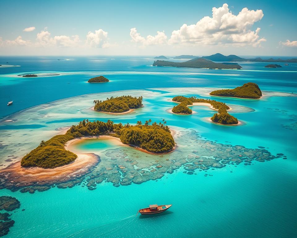 A breathtaking aerial view of African islands, showcasing a vibrant tapestry of lush green vegetation, turquoise lagoons, and sandy beaches. In the foreground, capture a small, colorful fishing boat gently bobbing on the clear water, reflecting the sunlight. The middle ground features a cluster of palm-fringed islands, each with varying sizes and shapes, surrounded by coral reefs visible beneath the surface. In the background, distant, mountainous islands rise against a bright blue sky with a few fluffy white clouds scattered throughout. The lighting is warm and inviting, reminiscent of a late afternoon sun, casting soft shadows and enhancing the vivid colors of the landscape. The atmosphere is serene and tranquil, evoking a sense of exploration and natural beauty. A breathtaking aerial view of African islands, showcasing a vibrant tapestry of lush green vegetation, turquoise lagoons, and sandy beaches. In the foreground, capture a small, colorful fishing boat gently bobbing on the clear water, reflecting the sunlight. The middle ground features a cluster of palm-fringed islands, each with varying sizes and shapes, surrounded by coral reefs visible beneath the surface. In the background, distant, mountainous islands rise against a bright blue sky with a few fluffy white clouds scattered throughout. The lighting is warm and inviting, reminiscent of a late afternoon sun, casting soft shadows and enhancing the vivid colors of the landscape. The atmosphere is serene and tranquil, evoking a sense of exploration and natural beauty.