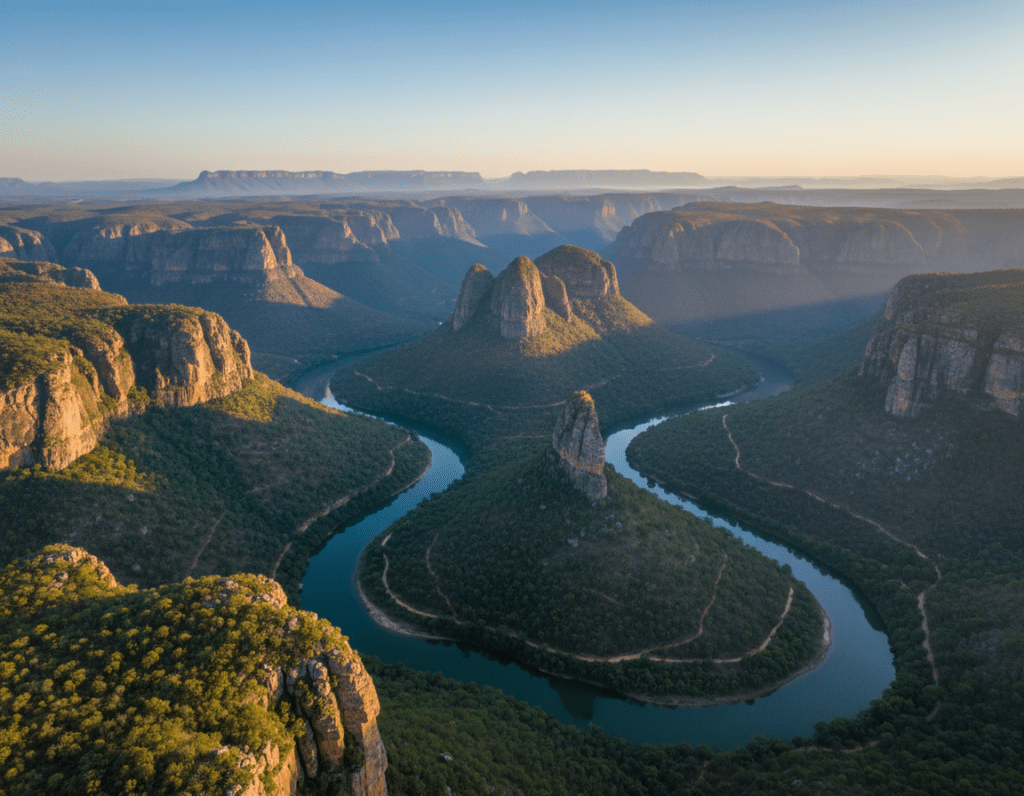 A breathtaking aerial view of Blyde River Canyon, showcasing its dramatic cliffs and lush green vegetation. In the foreground, a winding river meanders through the canyon, reflecting the clear blue sky above. The middle ground features majestic rock formations, including the iconic Three Rondavels, rising sharply from the canyon floor. In the background, rolling hills and distant mountains create a sense of depth and vastness, shrouded in soft morning mist. The scene is bathed in warm, golden sunlight, evoking a serene and adventurous atmosphere. The angle captures the canyon’s natural beauty while highlighting hiking trails that weave through the landscape, inviting exploration. No human subjects are present, ensuring a focus on the stunning natural environment.