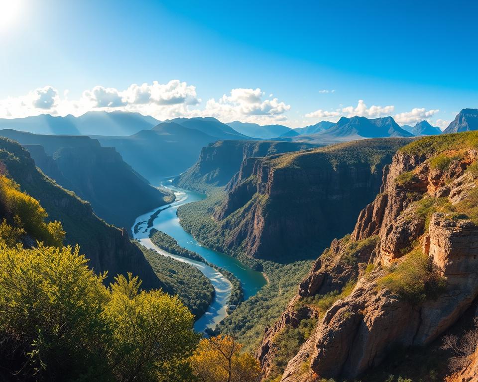 A breathtaking aerial view of the Blyde River Canyon in South Africa during a bright sunny day. In the foreground, lush green vegetation and rocky cliffs frame the scene, showcasing the canyon's steep walls and stunning natural formations. The middle ground features the winding river glistening under the sun, creating a sense of movement as it flows through the canyon. In the background, majestic mountains rise towards a clear blue sky dotted with soft, fluffy clouds, adding depth to the landscape. The mood is serene and adventurous, inviting travelers to explore the beauty of this natural wonder. The lighting is bright and vibrant, highlighting the rich colors of the canyon’s flora. Capture this scene with a wide-angle lens to emphasize the grandeur of the canyon.