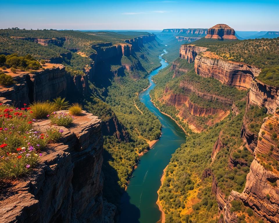 A breathtaking aerial view of the Blyde River Canyon, showcasing its dramatic cliffs and lush greenery. In the foreground, a striking cliff edge is adorned with vibrant wildflowers, while the middle section features the winding river reflecting the blue sky. Deep canyons with layered rock formations create a captivating textured landscape, surrounded by dense eucalyptus trees. The background should reveal the iconic Three Rondavels, their unique shapes rising majestically against the horizon. Soft, natural sunlight bathes the scene, creating golden highlights and deep shadows, enhancing the overall vibrancy. The atmosphere is serene and awe-inspiring, inviting viewers to explore nature's beauty through the lens of stunning photography.