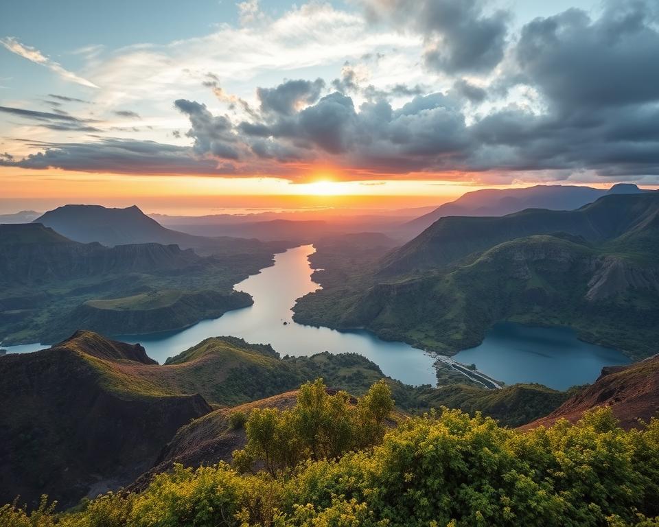 A breathtaking aerial view of the Great Rift Valley in Tanzania, showcasing its striking landscape featuring ancient volcanoes, deep craters, and shimmering lakes. In the foreground, lush green vegetation flourishes around the lake's edge, reflecting the brilliant blue of the water. The middle ground reveals imposing volcanic mountains with rugged slopes and scattered patches of greenery. In contrast, the background captures the dramatic skyline, with soft clouds drifting across a vibrant sunset, casting warm hues of orange and pink across the horizon. The scene is enveloped in a serene atmosphere, inviting viewers to explore this majestic natural wonder. Use soft lighting to enhance the tranquil mood and ensure a wide-angle lens perspective to encompass the expansive landscape.