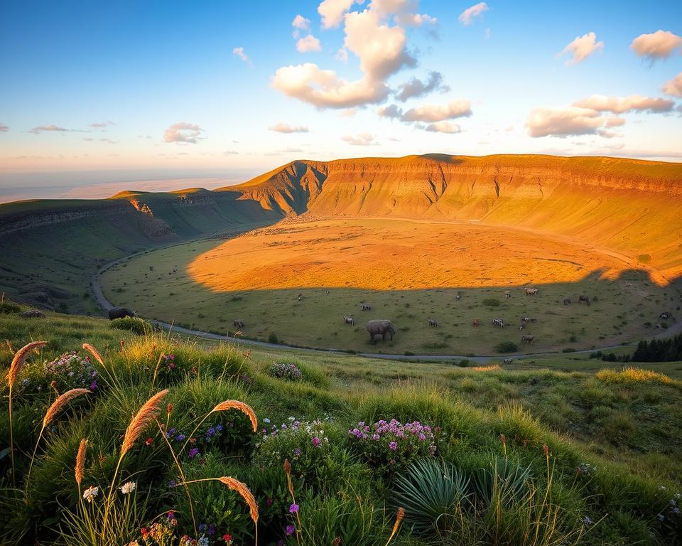 A breathtaking aerial view of the Ngorongoro Crater in Tanzania during golden hour, the soft, warm light highlighting the lush green vegetation and the diverse wildlife within. In the foreground, patches of vibrant wildflowers bloom amidst the grassy plains. The middle ground features the expansive crater floor, dotted with herds of elephants and zebras grazing peacefully. In the background, the crater's steep, rugged walls rise dramatically, contrasting against a clear blue sky with scattered fluffy clouds. The atmosphere conveys a sense of tranquility and natural beauty, inviting viewers to explore this UNESCO World Heritage Site. Shot with a wide-angle lens to capture the vastness and grandeur of the landscape.