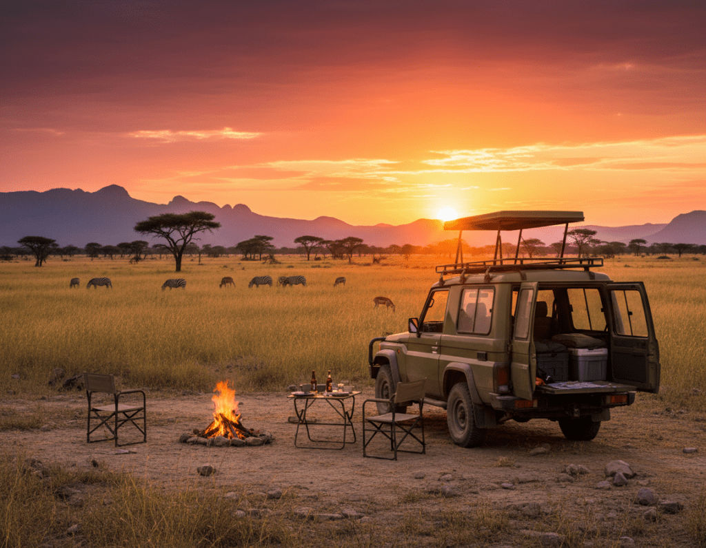 A breathtaking campsite scene showcasing a self-drive safari in Botswana. In the foreground, a sturdy 4x4 vehicle is parked on rugged terrain, with open doors revealing camping gear and an inviting setup. A cozy campfire crackles softly, surrounded by folding chairs and a nearby table adorned with dinnerware. In the middle ground, a stunning view of a vast savannah stretches under a golden sunset, casting warm hues across the landscape. Silhouettes of acacia trees dot the horizon, with a few wildlife figures, such as graceful zebras and antelopes, wandering in the distance. In the background, distant mountains rise against a vibrant sky, highlighting the adventure and wilderness of the location. The overall atmosphere is serene yet adventurous, reflecting the joy and spontaneity of self-driving in Botswana's stunning nature. The lighting is soft and warm, emphasizing the natural beauty of the African landscape.