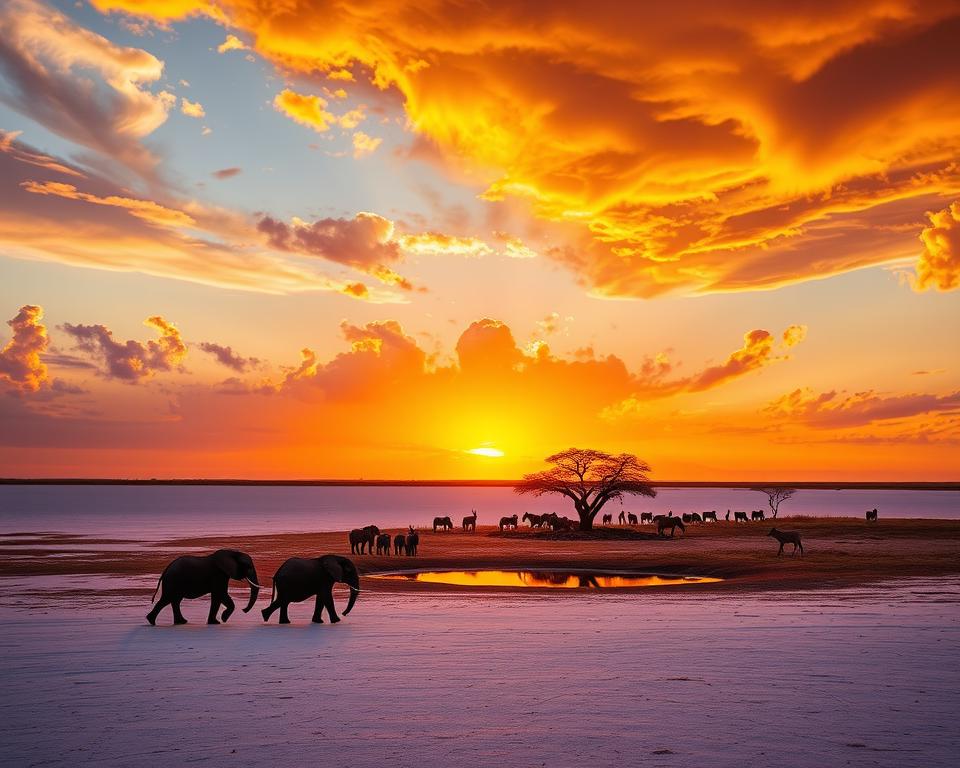 A breathtaking landscape of Etosha National Park in Namibia, showcasing a vibrant sunset over the vast salt pans. In the foreground, a herd of elephants gracefully traverses the plain, their silhouettes highlighted by the golden light reflecting off the salt. The middle ground features a picturesque waterhole, surrounded by acacia trees, where a variety of wildlife, such as zebras and springboks, come to drink. The background is dominated by the expansive sky, filled with dramatic clouds tinted in shades of orange and purple, creating a serene yet dynamic atmosphere. This image captures the essence of Namibia's northern highlights, evoking a sense of adventure and connection to nature. Use a wide-angle lens for depth and clarity, with natural lighting to enhance the vibrancy of colors.