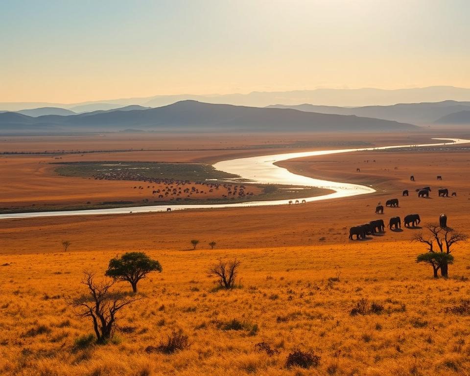 A breathtaking landscape of Nyerere National Park in Tanzania, showcasing an expansive view of savannah with sweeping grasslands dotted with acacia trees in the foreground. In the middle, a winding river glistens under the golden sunlight, reflecting the vibrant blues of the sky. Herds of elephants can be seen gracefully traversing the banks. In the background, the rise of distant hills is partially shrouded in the soft haze of late afternoon, providing depth to the scene. The atmosphere is serene and untouched, evoking a sense of wildness and adventure. The lighting is warm, capturing the golden hour glow, with a wide-angle perspective to enhance the grandeur of the landscape. No humans or obstructions are present, ensuring a focus on the natural beauty and wildlife.