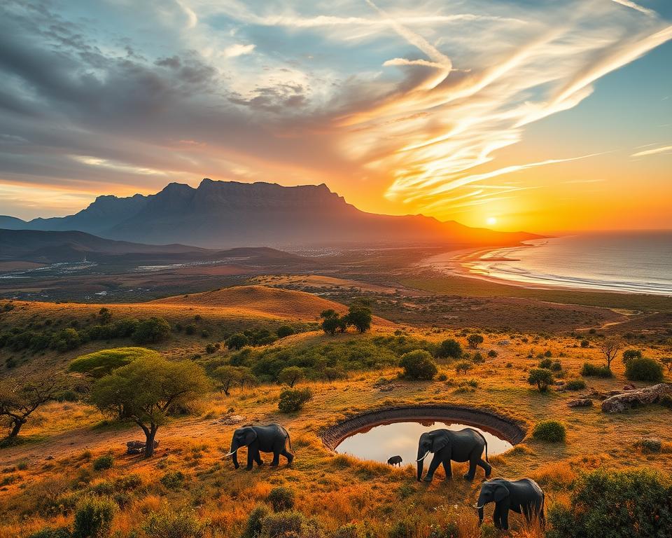 A breathtaking landscape of Southern Africa showcasing a diverse mix of environments. In the foreground, a vibrant savannah with acacia trees and a peaceful herd of elephants drinking at a watering hole. The middle ground features rolling hills leading to the iconic Table Mountain, adorned with lush greenery and wildflowers. In the background, a stunning sunset casts warm golden and orange hues across the sky, illuminating the rugged coastline with gentle waves lapping against sandy beaches. Use a wide-angle lens to capture the expansive view, emphasizing the richness of nature and wildlife. The mood is serene and picturesque, evoking a sense of adventure and tranquility, perfect for showcasing the majestic beauty of Southern Africa’s travel destinations.