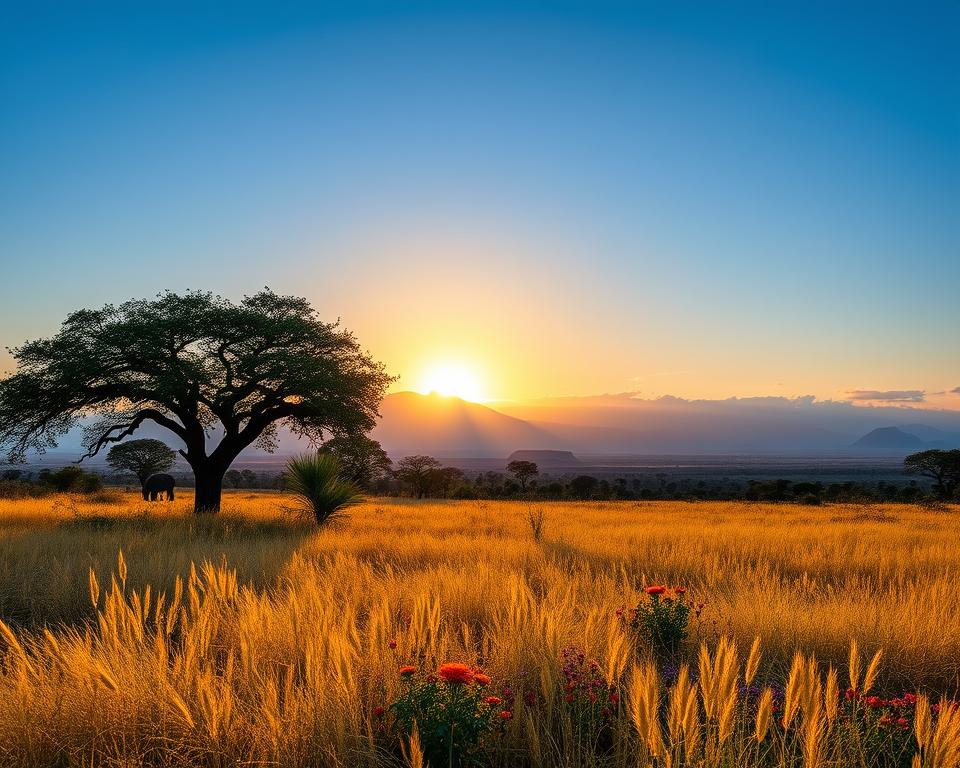 A breathtaking landscape of Tanzania during the best travel season for photography and wildlife observation. In the foreground, lush, golden savannah grass gently sways under the clear blue sky, dotted with vibrant wildflowers. Midground features acacia trees silhouetted against the sun as it sets, casting warm oranges and soft pinks across the horizon. In the background, distant volcanic mountains rise majestically, partially shrouded in wispy clouds. The atmosphere is tranquil yet filled with anticipation of wildlife sightings, with silhouettes of elephants and gazelles subtly visible. The lighting is soft and warm, reminiscent of the golden hour. Capture this scene with a wide-angle lens to emphasize the vastness and beauty of the landscape. The overall mood is serene, inviting viewers to experience the magic of Tanzania’s wilderness.
