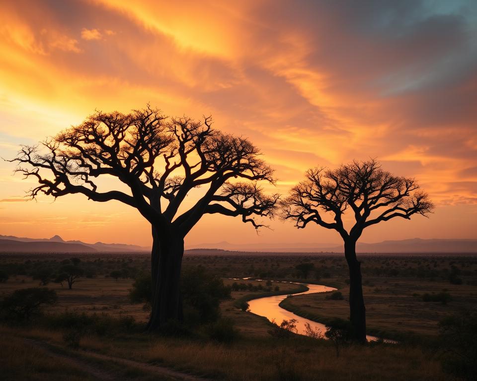 A breathtaking landscape of Tarangire National Park in Tanzania, showcasing the iconic baobab trees in the foreground, their unique silhouettes against a vibrant sunset sky. In the middle ground, the expansive savannah is dotted with acacia trees, and a winding river reflects the warm hues of the setting sun. The background features the faint outline of distant, rocky hills tracing the Great Rift Valley. Utilize soft golden lighting to create a serene atmosphere, with a wide-angle perspective that captures the vastness of the landscape. The mood is tranquil and inviting, evoking a sense of exploration and wonder in this stunning natural setting.
