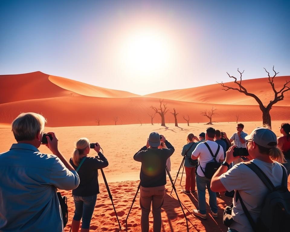 A breathtaking landscape photograph capturing the essence of Namibia. In the foreground, a group of tourists in modest casual clothing are intently photographing the stunning red dunes of Sossusvlei, with their cameras and tripods set up. The middle ground showcases the striking contrast of the sunlit dunes against a clear blue sky, emphasizing the texture of the sand. In the background, iconic dead trees silhouetted against the vibrant colors add depth and interest. The warm golden hour light casts long shadows and creates a serene and inviting atmosphere. The image should be taken with a wide-angle lens, emphasizing the vastness of the landscape while maintaining a focus on the tourists engaged in photography, evoking a sense of adventure and exploration.