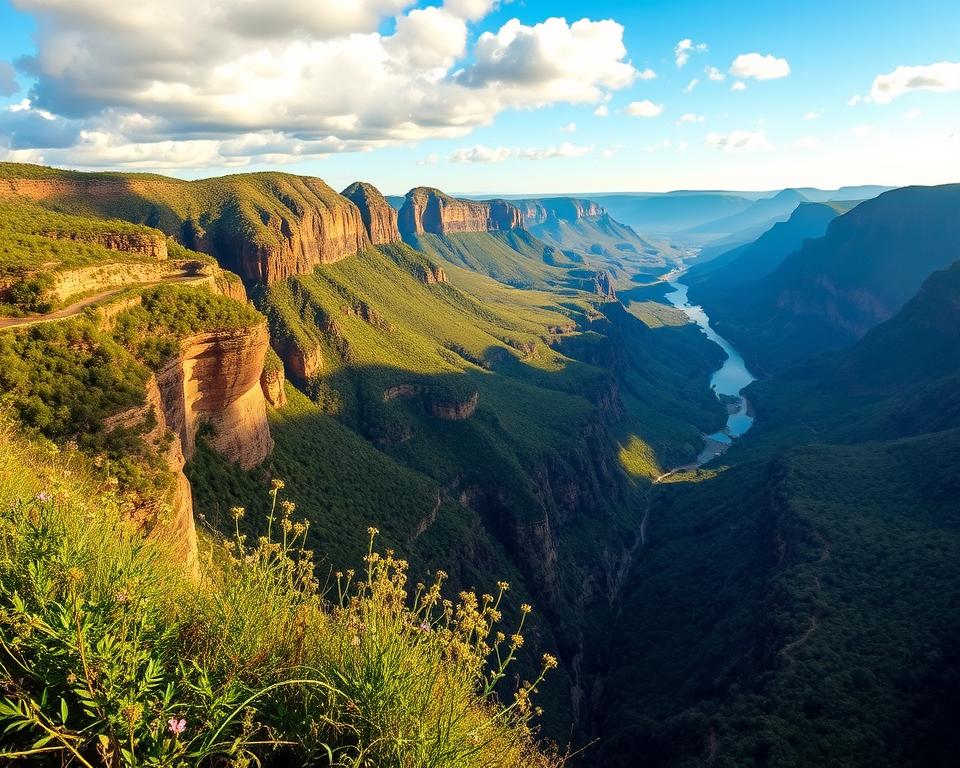 A breathtaking panorama of the Blyde River Canyon, capturing the essence of the Panorama Route's stunning scenery. In the foreground, vibrant green foliage with wildflowers flourishes along the edge of a cliff. The middle ground features dramatic rock formations, including the iconic Three Rondavels, rising majestically above the canyon. In the background, the winding Blyde River glistens under a bright blue sky, dotted with fluffy white clouds. The scene is bathed in warm, golden-hour lighting, casting long shadows and enhancing the details of the landscape. Consider a slightly elevated perspective to highlight the vastness of the canyon, evoking a sense of adventure and serenity in this unique natural wonder. The overall mood is tranquil and awe-inspiring, inviting viewers to immerse themselves in this breathtaking location. A breathtaking panorama of the Blyde River Canyon, capturing the essence of the Panorama Route's stunning scenery. In the foreground, vibrant green foliage with wildflowers flourishes along the edge of a cliff. The middle ground features dramatic rock formations, including the iconic Three Rondavels, rising majestically above the canyon. In the background, the winding Blyde River glistens under a bright blue sky, dotted with fluffy white clouds. The scene is bathed in warm, golden-hour lighting, casting long shadows and enhancing the details of the landscape. Consider a slightly elevated perspective to highlight the vastness of the canyon, evoking a sense of adventure and serenity in this unique natural wonder. The overall mood is tranquil and awe-inspiring, inviting viewers to immerse themselves in this breathtaking location.