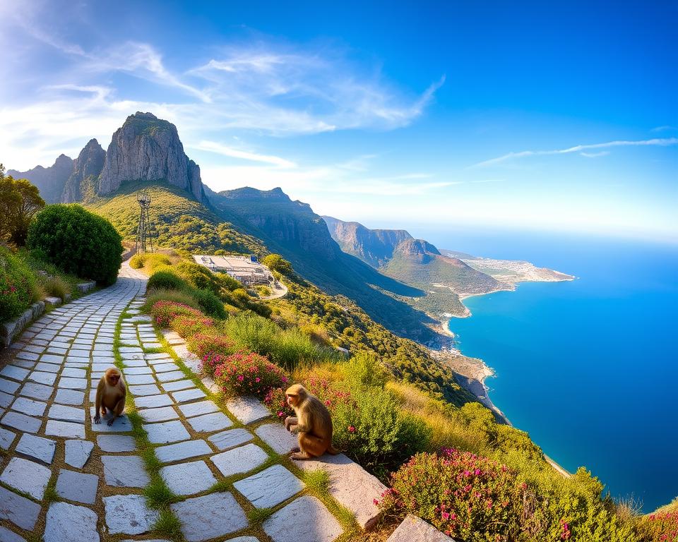 A breathtaking panoramic view of Gibraltar’s iconic Rock, showcasing the impressive cliffs and lush greenery of the Upper Rock nature reserve. In the foreground, you can see the stone pathways lined with vibrant native flora and a few playful Barbary macaques, symbolizing Gibraltar’s wildlife, interacting casually. The middle ground features the cable car station leading up to the summit, surrounded by sprawling landscapes and views of the Mediterranean Sea, reflecting the sunlight. The background presents the dramatic silhouette of the Rock against a clear blue sky, with wisps of clouds adding depth. The lighting is warm and inviting, reminiscent of early afternoon, inviting viewers into this stunning natural scene filled with a sense of adventure and tranquility.