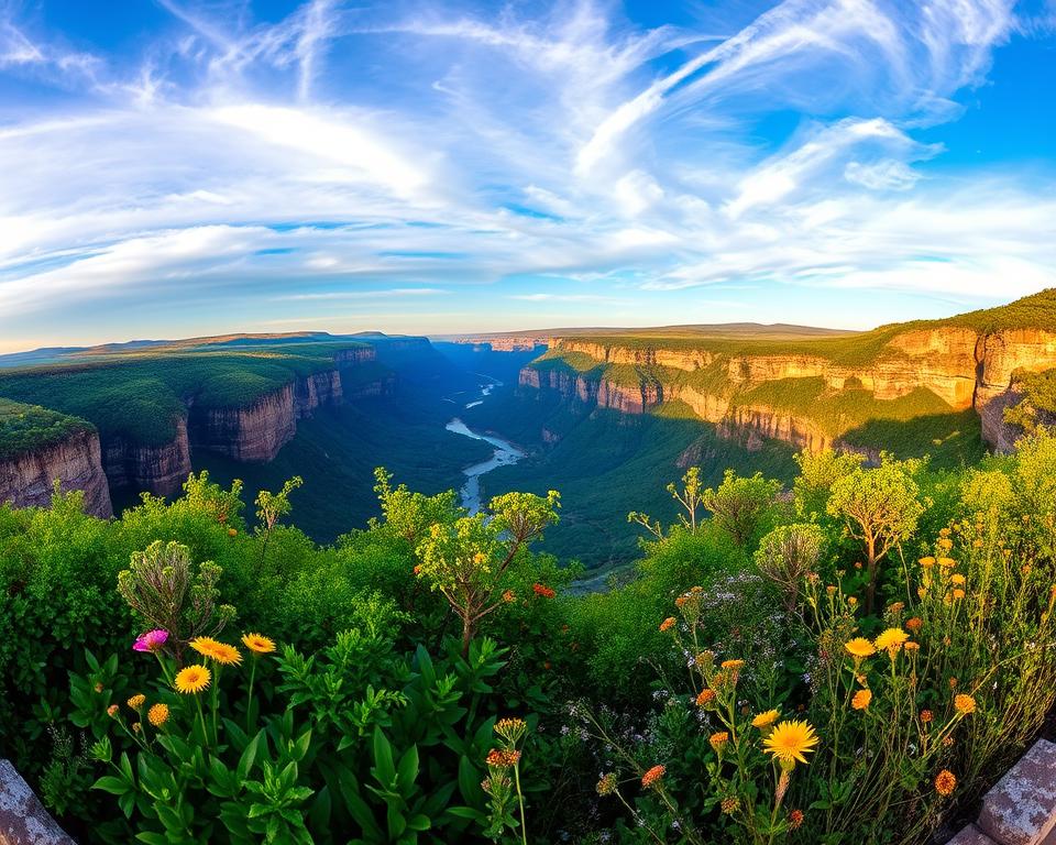 A breathtaking panoramic view of the Blyde River Canyon in South Africa, showcasing the dramatic cliffs and lush vegetation. In the foreground, vibrant green foliage interspersed with colorful wildflowers leads the viewer's eye to the middle ground, where the canyon reveals its majestic rock formations and winding river below. The background features a stunning blue sky with wispy clouds, capturing the warmth of a golden hour sunset that casts soft shadows and enhances the colors of the landscape. The scene conveys a sense of adventure and tranquility, inviting exploration along the Panorama Route. Capture this image with a wide-angle lens to emphasize the expansive depth of the canyon, ensuring the natural beauty is the main focus.