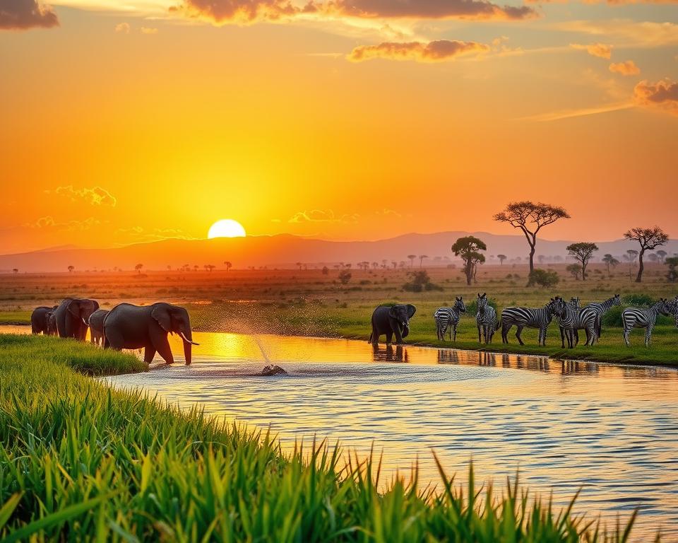 A breathtaking safari scene in the Okavango Delta during the best travel season. In the foreground, a tranquil waterway reflecting the vibrant colors of the sky, with lush green reeds lining the banks. In the middle, a group of elephants splashes playfully in the water while a herd of zebras grazes nearby, showcasing the rich wildlife. The background features a golden sunset casting warm light over the expansive savanna, with acacia trees silhouetted against the horizon. The atmosphere is serene and vibrant, capturing the essence of nature's beauty. The scene is illuminated by soft, golden hour lighting, enhancing the colors and adding a warm, inviting feel. The angle is slightly elevated, providing a panoramic view of this stunning ecosystem. A breathtaking safari scene in the Okavango Delta during the best travel season. In the foreground, a tranquil waterway reflecting the vibrant colors of the sky, with lush green reeds lining the banks. In the middle, a group of elephants splashes playfully in the water while a herd of zebras grazes nearby, showcasing the rich wildlife. The background features a golden sunset casting warm light over the expansive savanna, with acacia trees silhouetted against the horizon. The atmosphere is serene and vibrant, capturing the essence of nature's beauty. The scene is illuminated by soft, golden hour lighting, enhancing the colors and adding a warm, inviting feel. The angle is slightly elevated, providing a panoramic view of this stunning ecosystem.