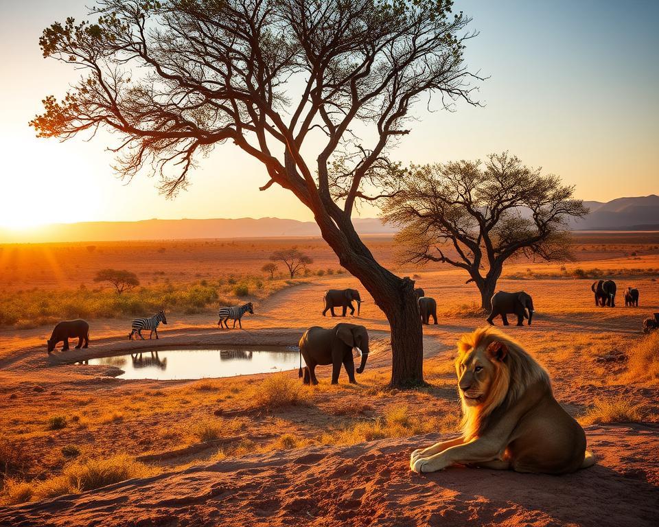 A breathtaking safari scene showcasing the wildlife of Moremi Park, Namibia. In the foreground, a majestic lion rests under a stunning acacia tree, basking in the warm golden light of sunset. Nearby, a family of elephants peacefully grazes, their textured skin illuminated by the soft hues of twilight. In the middle ground, a serene waterhole reflects the vibrant sky, with silhouettes of zebras approaching for a drink. The background features rolling savannah hills, dotted with sparse trees and a distant view of rugged mountains. The atmosphere is tranquil yet alive with the sounds of nature, creating an immersive wildlife experience. Use a wide-angle lens to capture the expansive beauty, ensuring the warm lighting enhances the rich colors of the savannah. A breathtaking safari scene showcasing the wildlife of Moremi Park, Namibia. In the foreground, a majestic lion rests under a stunning acacia tree, basking in the warm golden light of sunset. Nearby, a family of elephants peacefully grazes, their textured skin illuminated by the soft hues of twilight. In the middle ground, a serene waterhole reflects the vibrant sky, with silhouettes of zebras approaching for a drink. The background features rolling savannah hills, dotted with sparse trees and a distant view of rugged mountains. The atmosphere is tranquil yet alive with the sounds of nature, creating an immersive wildlife experience. Use a wide-angle lens to capture the expansive beauty, ensuring the warm lighting enhances the rich colors of the savannah.