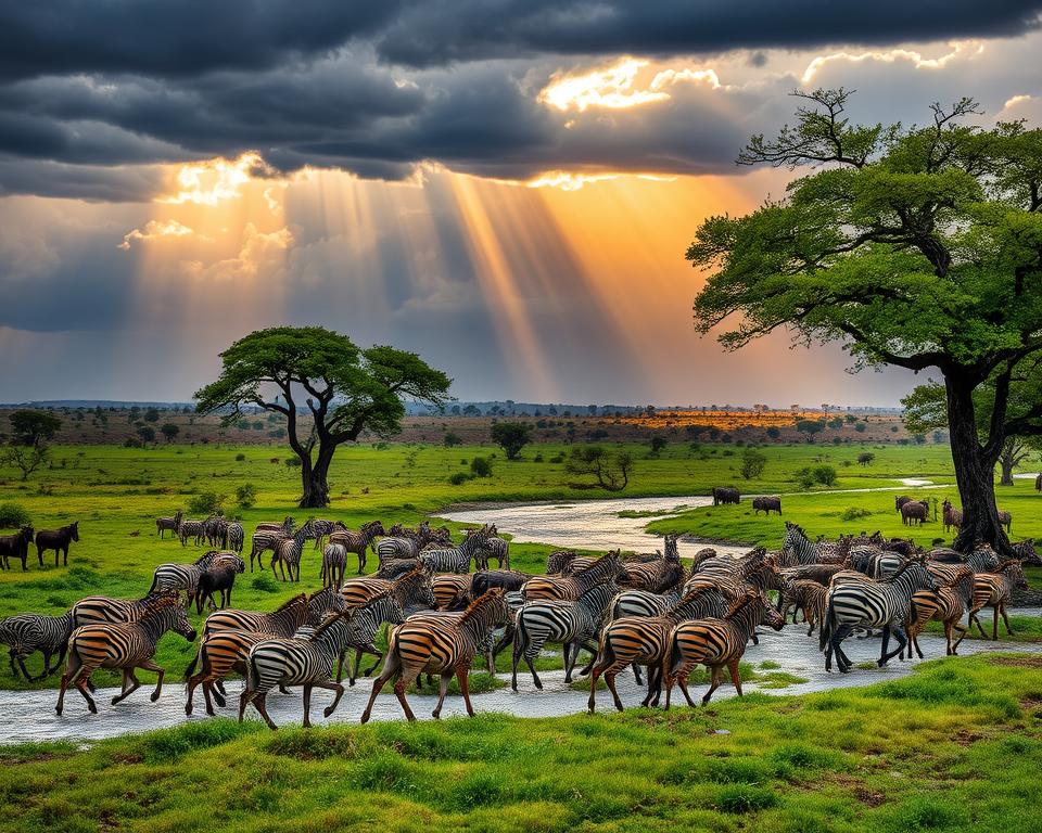 A breathtaking scene capturing the dramatic Tiermigration in Tanzania during the rainy season. In the foreground, a herd of wildebeest and zebras gracefully cross a lush, green landscape, their coats glistening with raindrops. The middle ground features a vibrant river, swollen with rainwater, meandering through the savanna while creating small ripples. Towering acacia trees frame the scene, their leaves drenched yet vibrant. In the background, dark, rolling storm clouds gather, and shafts of golden sunlight break through, illuminating patches of the savanna. The atmosphere is filled with anticipation and life, showcasing the resilience and vulnerability of wildlife in the changing environment. Use a wide-angle lens to capture the expansive landscape, with a focus on the animals and dramatic lighting that enhances the greens and browns of the setting.