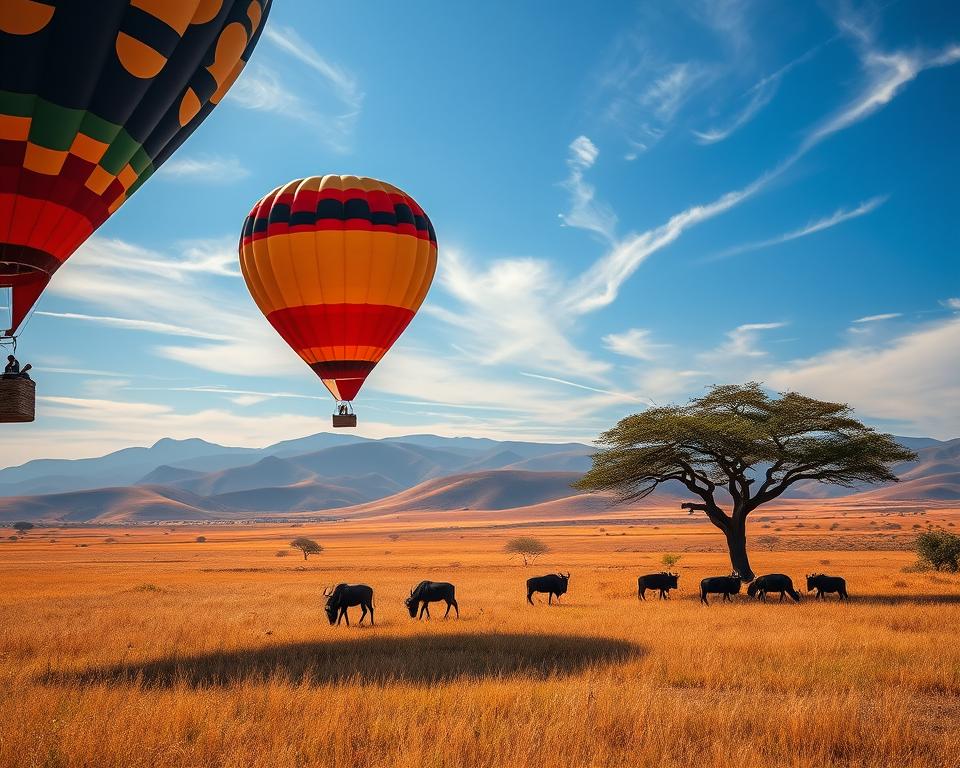 A breathtaking scene of a hot air balloon safari in Kenya, gracefully floating above the vast savanna, capturing the essence of adventure and nature. In the foreground, a colorful hot air balloon with vibrant patterns casts a gentle shadow on the golden grass below. In the middle ground, a group of peaceful wildebeests grazes, while a majestic acacia tree stands silhouetted against the horizon. The background showcases rolling hills bathed in the warm glow of the early morning sun, with wisps of clouds drifting across a brilliant blue sky. The atmosphere is tranquil yet exhilarating, with soft, natural lighting illuminating the scene. The viewpoint is slightly elevated, providing a panoramic perspective that enhances the majestic beauty of the Kenyan landscape.
