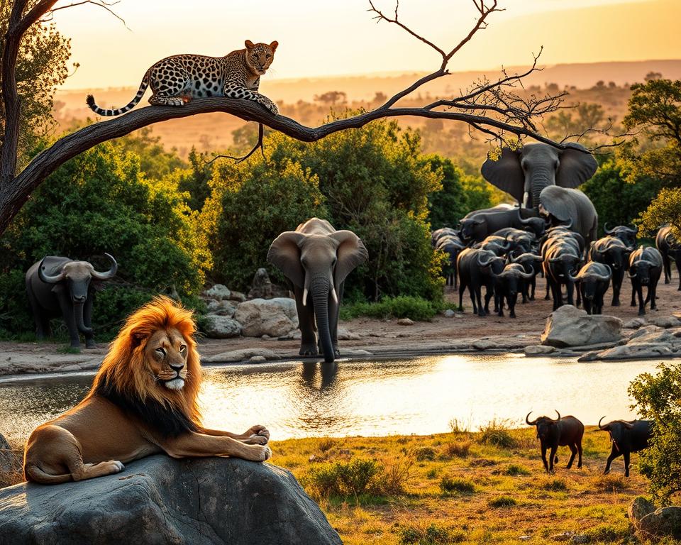 A breathtaking scene of the Big Five wildlife in the Pilanesberg National Park, showcasing a powerful lion lounging on a sunlit rock in the foreground, while a majestic elephant stands gracefully beside a shimmering waterhole in the middle. A sleek leopard rests on a branch overhead, partially hidden by lush green foliage. In the background, a herd of buffalo grazes peacefully under a soft golden sky during the golden hour, casting a warm glow over the landscape. The atmosphere is serene and wild, capturing the essence of this unique African habitat. Use a wide-angle lens to emphasize the vastness of the environment, with natural lighting that enhances the vivid colors of the savannah. The composition should evoke a sense of wonder, inviting viewers to immerse themselves in the untamed beauty of Pilanesberg. A breathtaking scene of the Big Five wildlife in the Pilanesberg National Park, showcasing a powerful lion lounging on a sunlit rock in the foreground, while a majestic elephant stands gracefully beside a shimmering waterhole in the middle. A sleek leopard rests on a branch overhead, partially hidden by lush green foliage. In the background, a herd of buffalo grazes peacefully under a soft golden sky during the golden hour, casting a warm glow over the landscape. The atmosphere is serene and wild, capturing the essence of this unique African habitat. Use a wide-angle lens to emphasize the vastness of the environment, with natural lighting that enhances the vivid colors of the savannah. The composition should evoke a sense of wonder, inviting viewers to immerse themselves in the untamed beauty of Pilanesberg.
