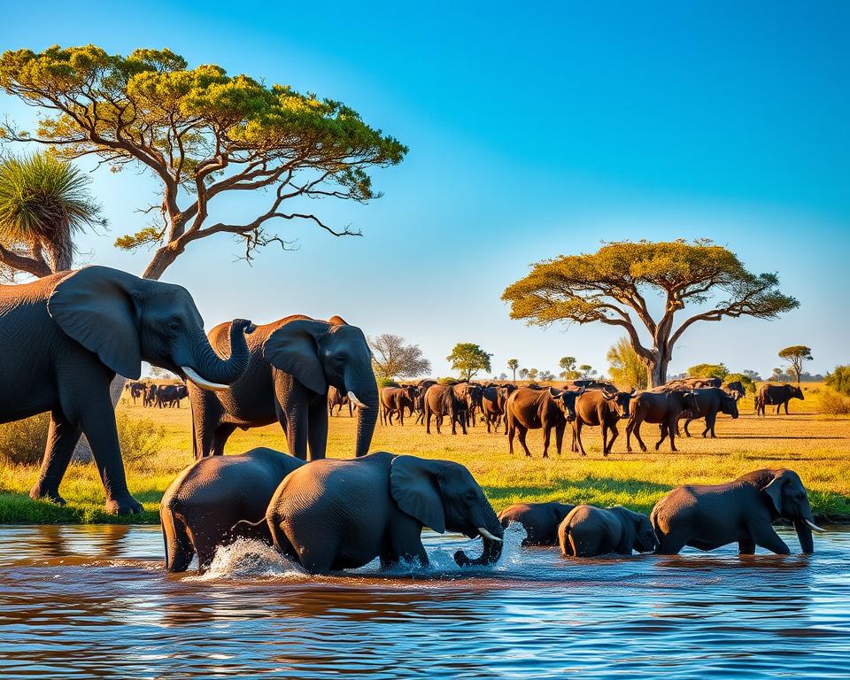 A breathtaking scene of wildlife observation in the Caprivi region of Namibia, showcasing majestic elephants and powerful buffalos in a lush, green landscape. In the foreground, a family of elephants, gracefully interacting and splashing water in a serene river, captures the viewer's attention. In the middle ground, a herd of buffalos grazes peacefully, their strong silhouettes contrasting against the vibrant greenery. The background features acacia trees under a clear, bright blue sky, with soft, warm sunlight filtering through the leaves, creating a tranquil atmosphere. The scene is captured from a low angle, emphasizing the size and majesty of these animals, while evoking a sense of wonder and connection to nature. A harmonious blend of colors conveys the richness of this unique environment. A breathtaking scene of wildlife observation in the Caprivi region of Namibia, showcasing majestic elephants and powerful buffalos in a lush, green landscape. In the foreground, a family of elephants, gracefully interacting and splashing water in a serene river, captures the viewer's attention. In the middle ground, a herd of buffalos grazes peacefully, their strong silhouettes contrasting against the vibrant greenery. The background features acacia trees under a clear, bright blue sky, with soft, warm sunlight filtering through the leaves, creating a tranquil atmosphere. The scene is captured from a low angle, emphasizing the size and majesty of these animals, while evoking a sense of wonder and connection to nature. A harmonious blend of colors conveys the richness of this unique environment.