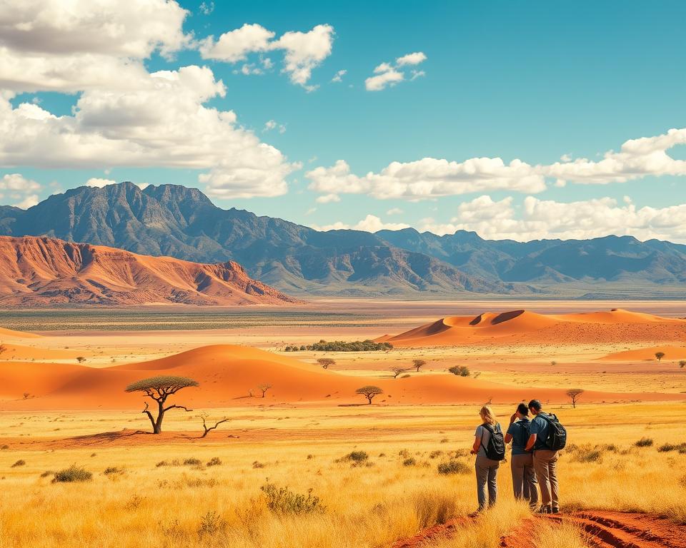 A breathtaking scene showcasing the diverse landscapes of Namibia, with a vast, golden desert in the foreground adorned with iconic red sand dunes. In the middle, a clear blue sky is partially filled with fluffy white clouds, and a rugged mountain range stretches across the horizon. Scattered acacia trees add texture and life to the scene. In the foreground, a small group of travelers in modest casual clothing consult a map, engaging interactively with their surroundings, embodying the spirit of discovery. The lighting is warm and inviting, suggesting late afternoon, casting long shadows and enhancing the colors of the landscape. Use a wide-angle lens to capture the expansive beauty of Namibia, evoking a sense of adventure and exploration.