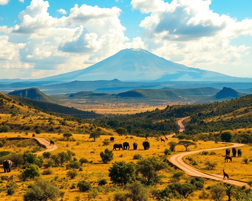 A breathtaking scene showcasing the diverse landscapes of Tanzania, specifically representing the essence of a 10-day travel route. In the foreground, a vibrant savannah with acacia trees and roaming wildlife such as elephants and giraffes. The middle ground features winding dirt roads that invite exploration, flanked by lush green hills. In the background, the majestic silhouette of Mount Kilimanjaro rises against a brilliant blue sky with fluffy white clouds. The lighting is warm and golden, capturing the essence of a sunny day. The atmosphere conveys adventure and serenity, with an inviting sense of wonder as travelers set out to discover Tanzania’s natural beauty. Shot with a wide-angle lens to capture the sweeping landscapes, focusing on the expansive view, emphasizing the journey ahead.