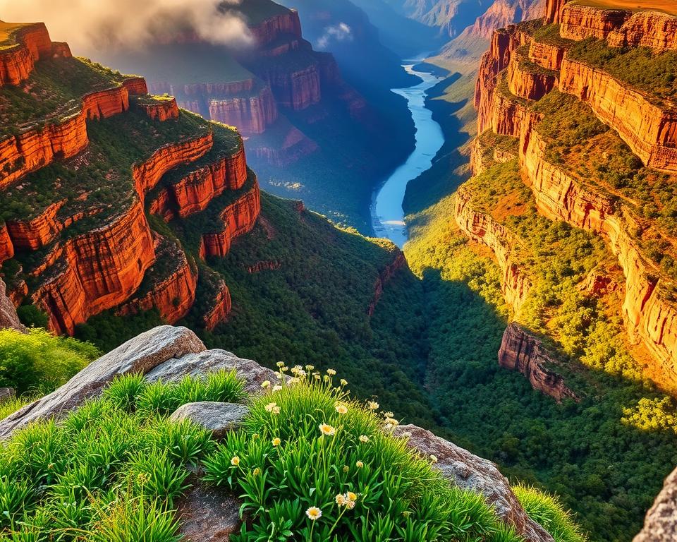 A breathtaking view from one of the iconic viewpoints in Blyde River Canyon, South Africa. In the foreground, a rocky outcrop surrounded by lush greenery, with delicate wildflowers peeking through the grass. The middle ground showcases the dramatic canyon walls, layered with vibrant red and orange hues, contrasting against the deep green of the forest below. In the background, the vastness of the canyon stretches into the horizon, with the Blyde River winding gracefully through it, reflecting the clear blue sky. The lighting is warm and golden, reminiscent of late afternoon, casting soft shadows and enhancing the canyon’s textures. A slight mist adds an enchanting atmosphere, creating a serene and majestic mood that captures the natural beauty of this stunning location.