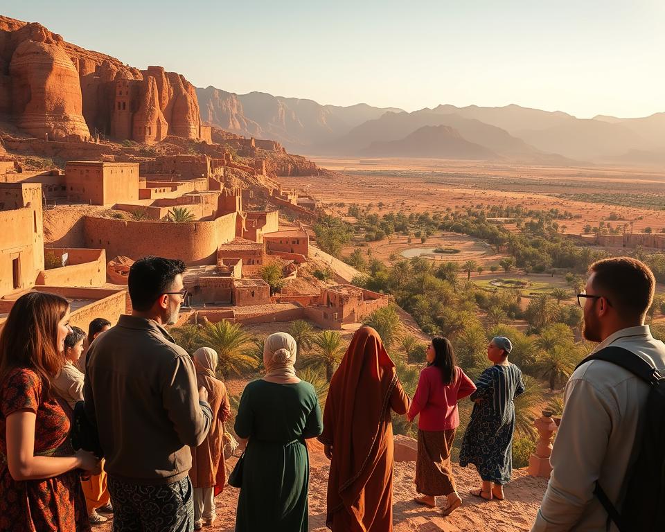 A breathtaking view of Ait Ben Haddou, Morocco, in the foreground features sustainable travelers engaging with local community members, dressed in modest casual clothing, sharing stories and learning about traditional Berber culture. In the middle ground, traditional mud-brick kasbahs rise majestically against the backdrop of the arid Atlas Mountains. The scene is bathed in warm, golden hour sunlight, casting long shadows and enhancing the earthy tones of the landscape. In the background, lush palm groves and the vibrant oasis contrast beautifully with the rugged terrain, symbolizing eco-friendly travel through the region's rich heritage. The overall mood conveys a sense of adventure, connection, and respect for the environment.