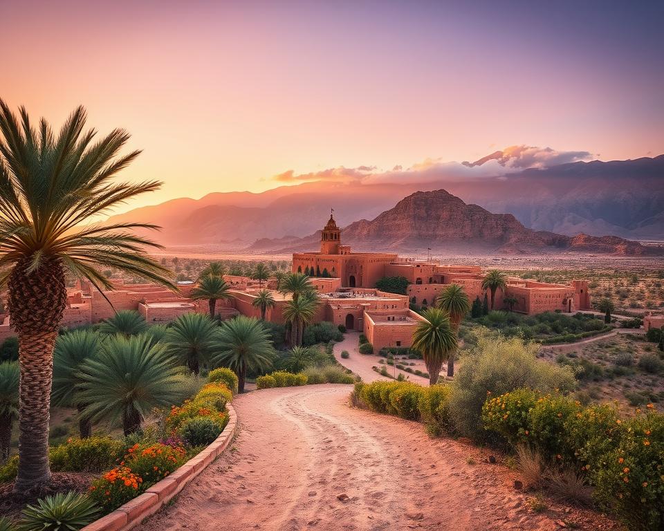 A breathtaking view of Ait Ben Haddou, a UNESCO World Heritage site in Morocco, captured during golden hour, emphasizing its dramatic earthen architecture. In the foreground, a winding dirt path leads to the ksar, lined with lush green palm trees and vibrant wildflowers. The middle ground showcases the intricately textured mud-brick buildings of the ksar, their warm ochre tones glowing in the soft light. In the background, the Atlas Mountains rise majestically, partially shrouded by gentle clouds, enhancing the scene's allure. The sky is a gradient of warm oranges and deep purples, evoking a serene and contemplative mood. The angle captures both the path leading the viewer's eye toward the ksar and the surrounding landscape, inviting exploration.