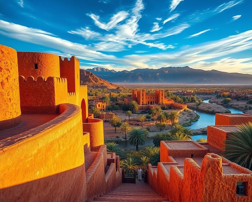 A breathtaking view of Ait Ben Haddou, a UNESCO World Heritage site in Morocco. In the foreground, intricately textured mudbrick structures showcasing traditional Moroccan architecture, with vibrant, warm colors reflecting the golden light of sunset. The middle ground features the famous ksar with its iconic earthen towers surrounded by lush palm trees and the Ouarzazate River flowing gently. In the background, the majestic Atlas Mountains rise against a backdrop of deep blue sky, scattered with soft, wispy clouds. The atmosphere is serene, evoking a sense of timelessness and cultural richness. The lighting is soft and warm, enhancing the natural colors of the landscape. The perspective is from a slightly elevated view, capturing both the entrance to the site and the surrounding beauty, ideal for illustrating the allure of visiting this historical gem.