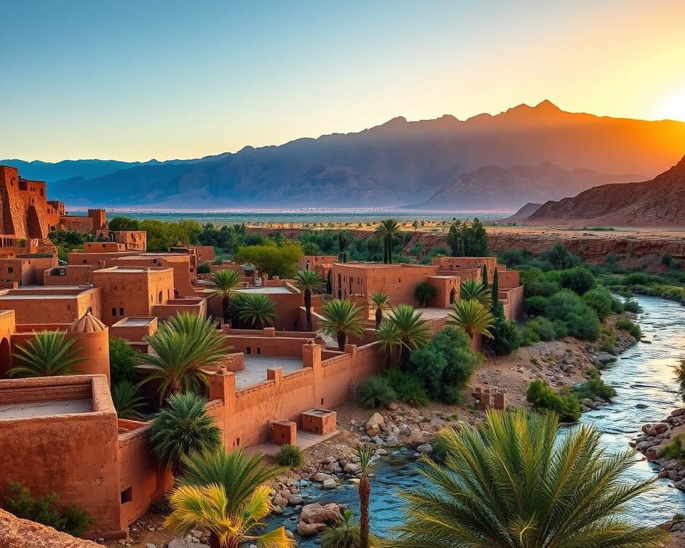 A breathtaking view of Ait Ben Haddou, an ancient fortified village, set against the dramatic backdrop of the Atlas Mountains in Morocco. In the foreground, showcase the intricate adobe architecture of the Ksar with warm, earthy tones, emphasizing its historical significance and unique design. The middle ground features lush green palms and the flowing river that runs nearby, enhancing the contrast between the arid landscape and vibrant life. In the background, the mountains rise majestically under a clear blue sky, with the golden hues of sunset casting a warm glow over the scene. Use soft, natural lighting to create an inviting and tranquil mood, highlighting the timeless beauty of this iconic destination. Capture the scene from a slightly elevated viewpoint, suggesting a panoramic perspective that invites viewers to immerse themselves in this enchanting landscape.