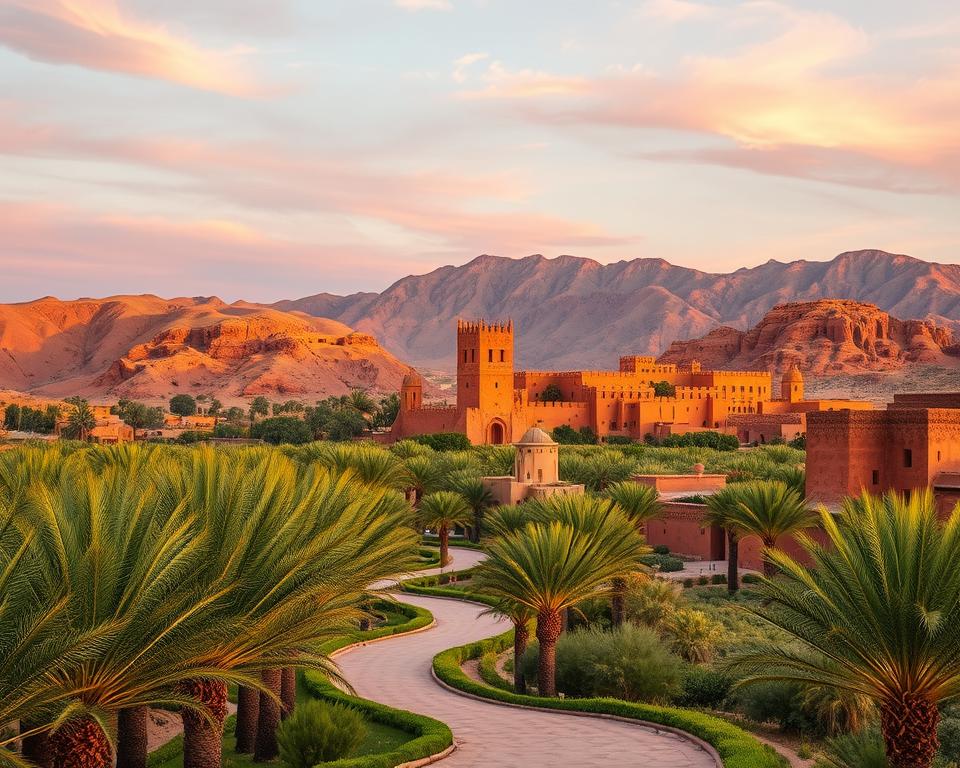 A breathtaking view of Ait Ben Haddou, showcasing its iconic earthen clay architecture illuminated by the warm glow of the golden hour. In the foreground, a winding path lined with vibrant green palm trees leads to the ancient kasbah, emphasizing its rich texture and color. The middle ground is dominated by the towering defensive structures and intricate detailing of the buildings, set against the dramatic backdrop of the rugged Atlas Mountains. The sky is painted with soft pink and orange hues, enhancing the serene atmosphere. Capture this scene from a low angle to emphasize the grandeur of the architecture, with a wide-angle perspective to allow the viewer to appreciate the expansive landscape. The mood is tranquil yet inspiring, ideal for photographers seeking to capture the essence of this UNESCO World Heritage site.